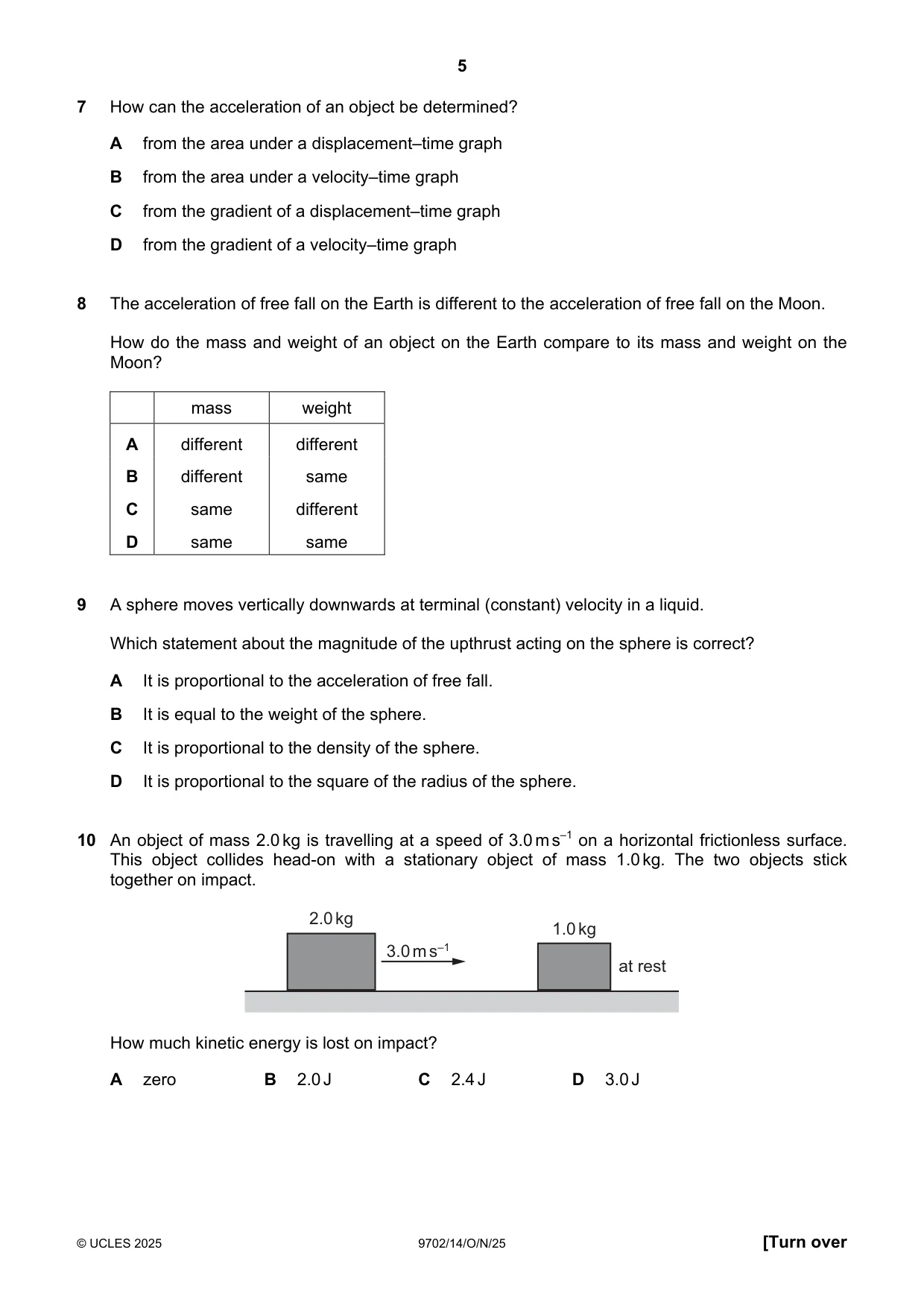 Cambridge A Level Physics 9702 2025 Oct/Nov Paper 1 · Variant 4 question paper, page 5 of 20