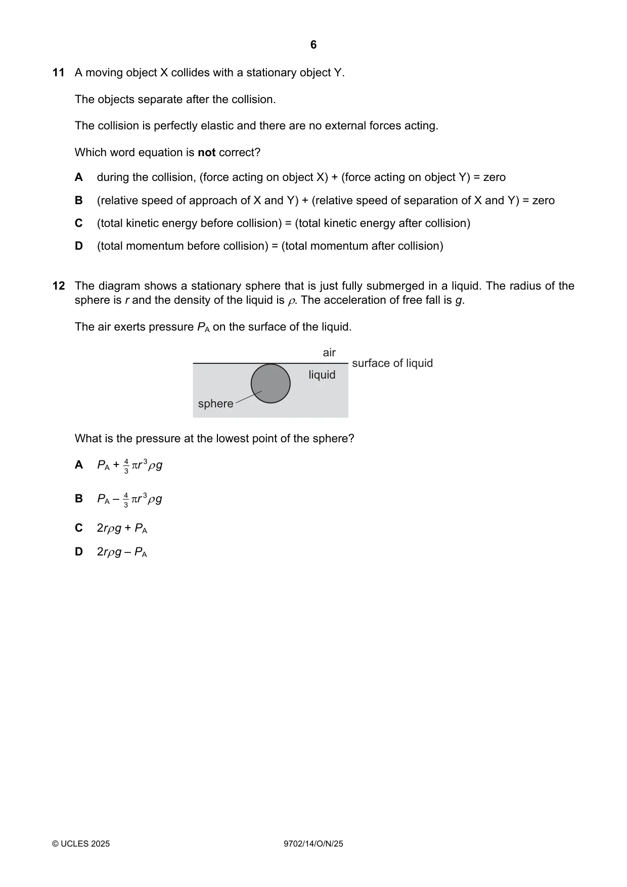 Cambridge A Level Physics 9702 2025 Oct/Nov Paper 1 · Variant 4 question paper, page 6 of 20