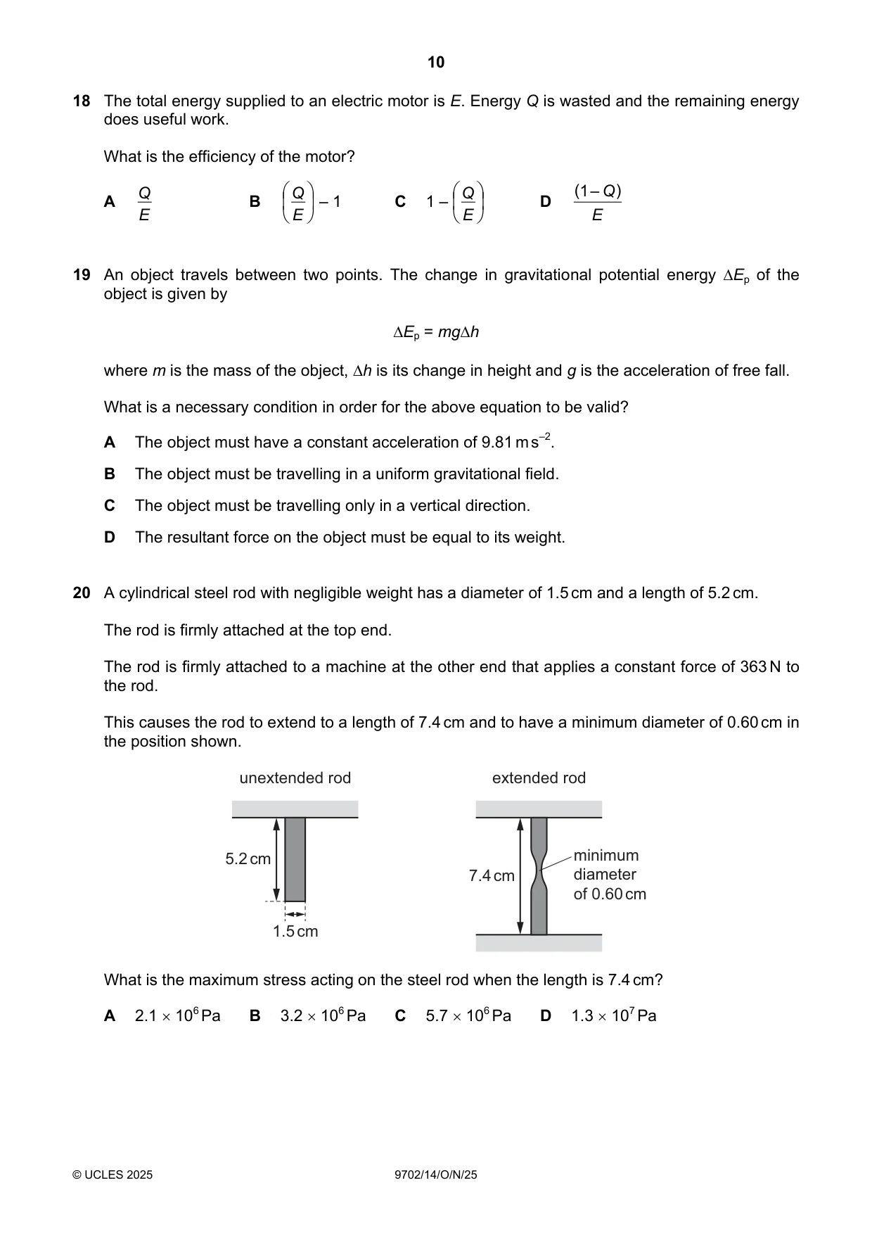 Cambridge A Level Physics 9702 2025 Oct/Nov Paper 1 · Variant 4 question paper, page 10 of 20