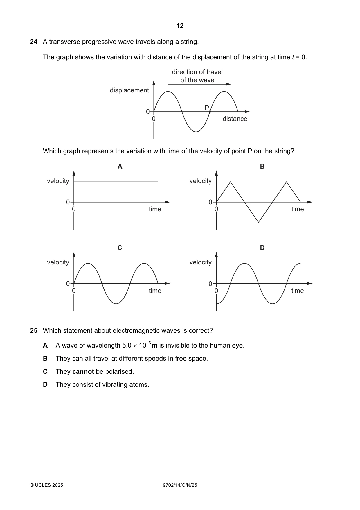 Cambridge A Level Physics 9702 2025 Oct/Nov Paper 1 · Variant 4 question paper, page 12 of 20