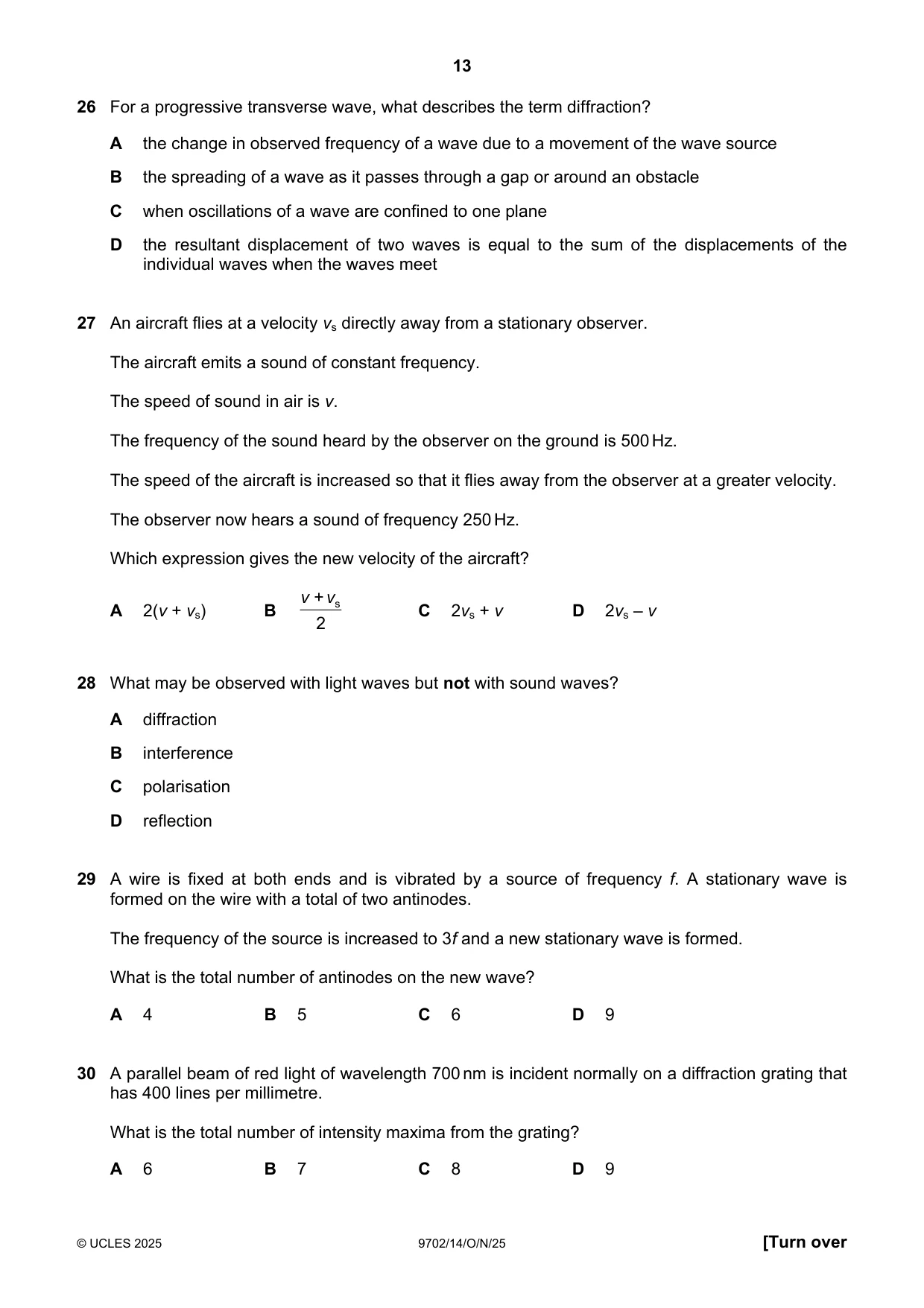Cambridge A Level Physics 9702 2025 Oct/Nov Paper 1 · Variant 4 question paper, page 13 of 20