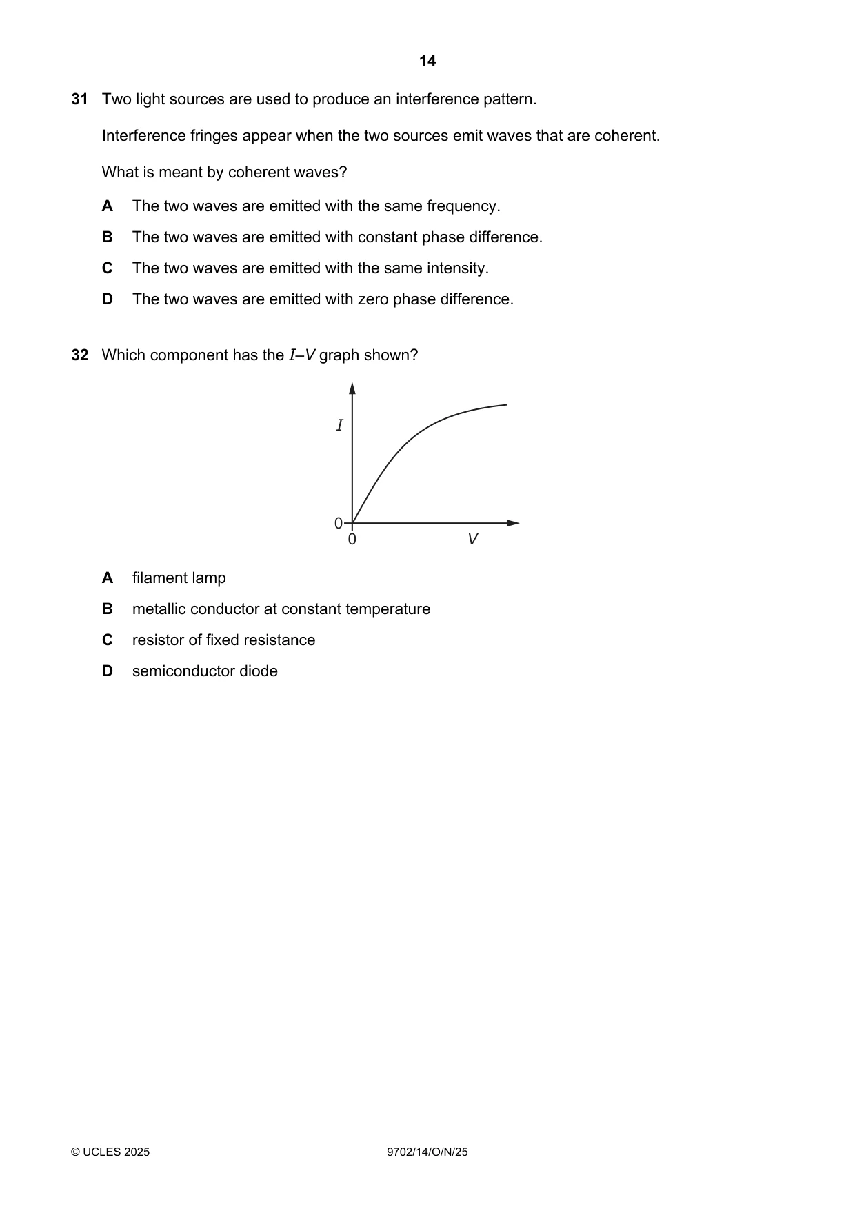 Cambridge A Level Physics 9702 2025 Oct/Nov Paper 1 · Variant 4 question paper, page 14 of 20