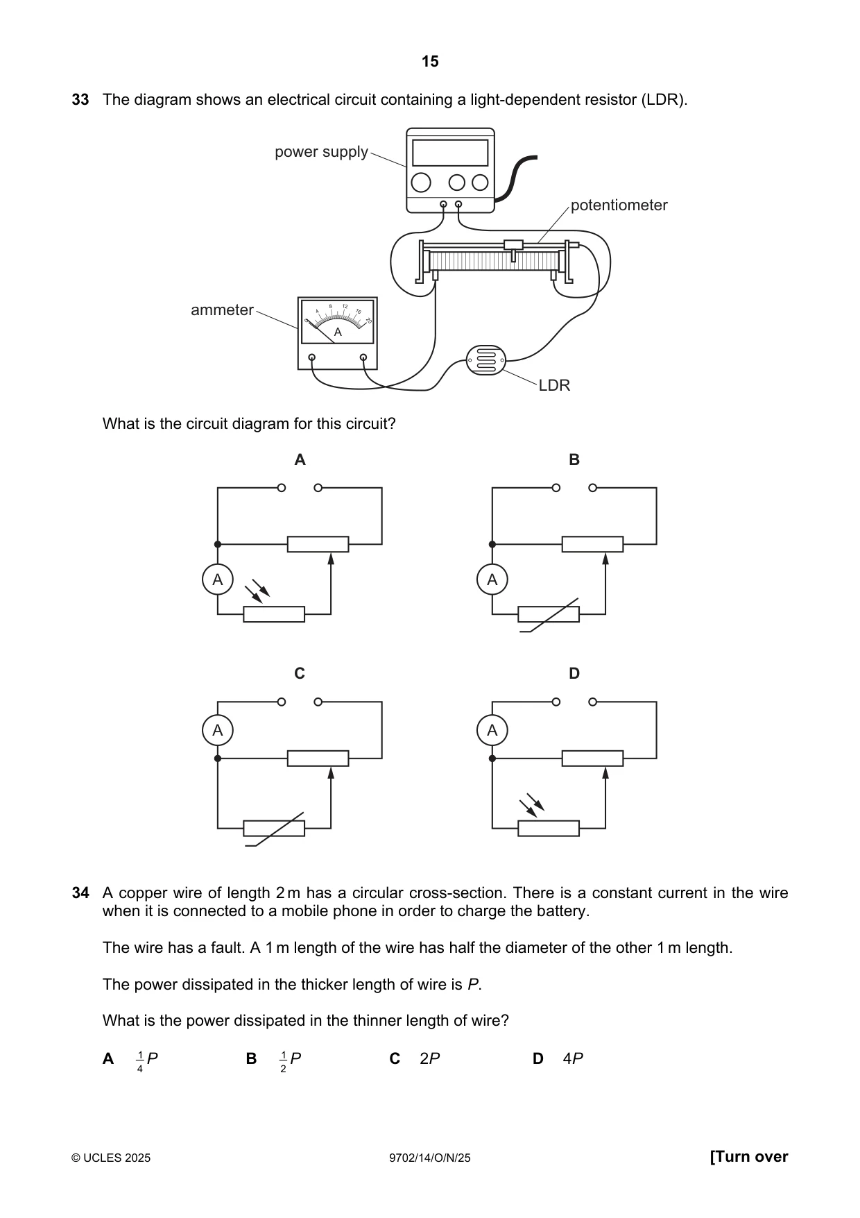 Cambridge A Level Physics 9702 2025 Oct/Nov Paper 1 · Variant 4 question paper, page 15 of 20