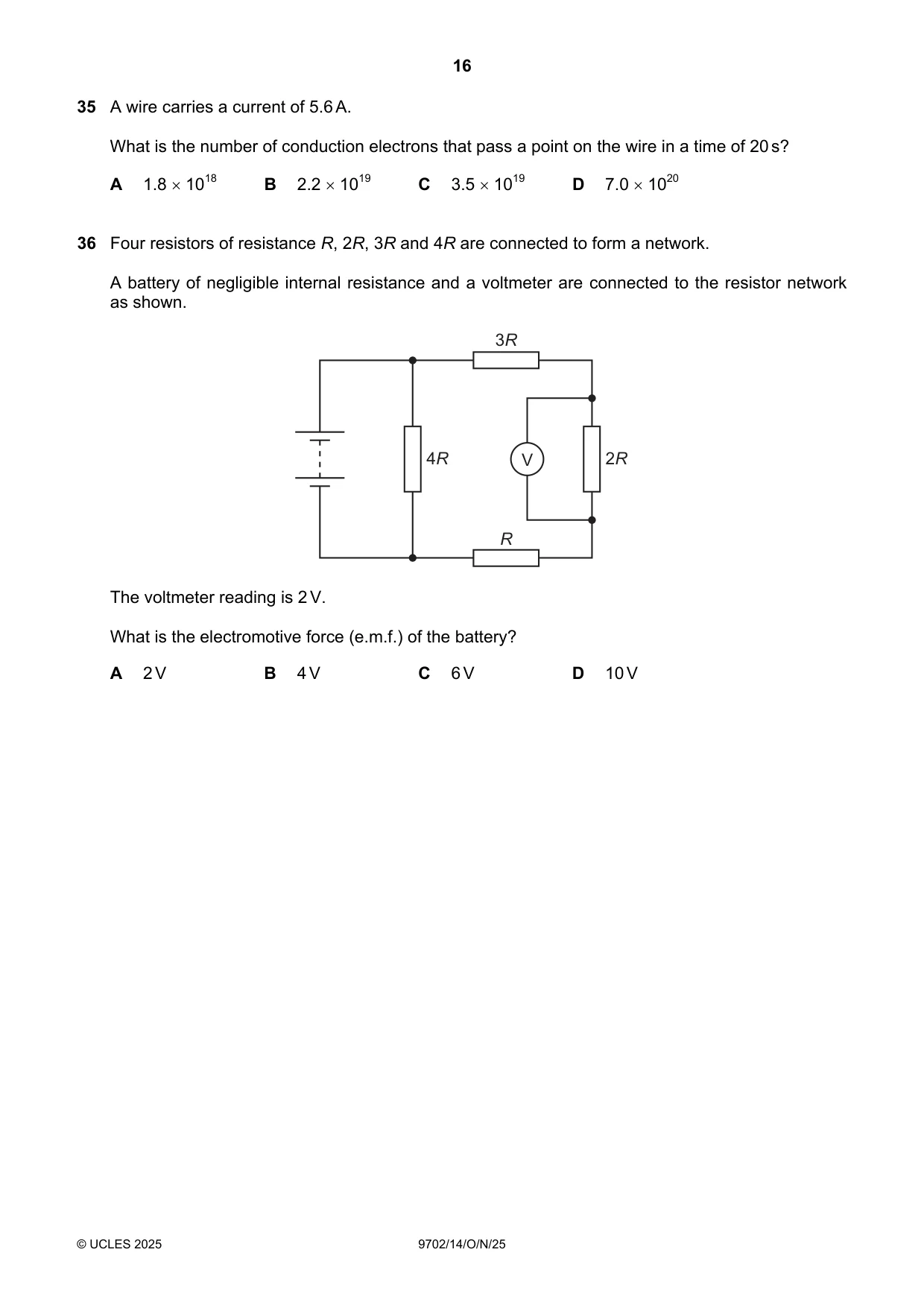 Cambridge A Level Physics 9702 2025 Oct/Nov Paper 1 · Variant 4 question paper, page 16 of 20