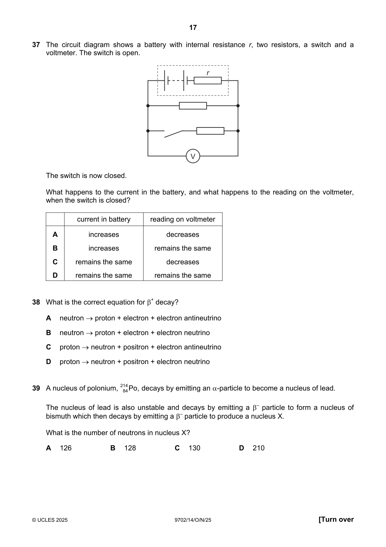 Cambridge A Level Physics 9702 2025 Oct/Nov Paper 1 · Variant 4 question paper, page 17 of 20