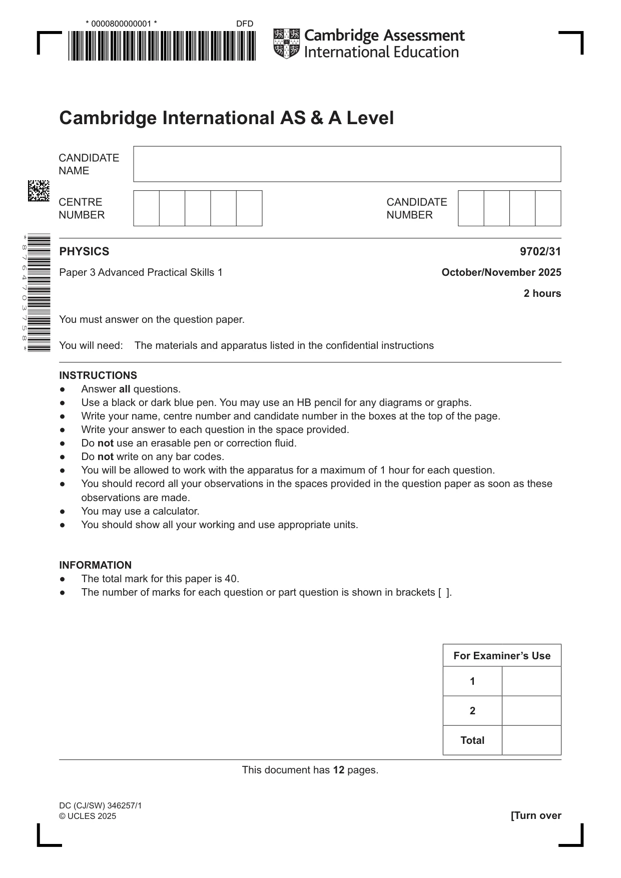 Cambridge A Level Physics 9702 2025 Oct/Nov Paper 3 · Variant 1 question paper, page 1 of 12