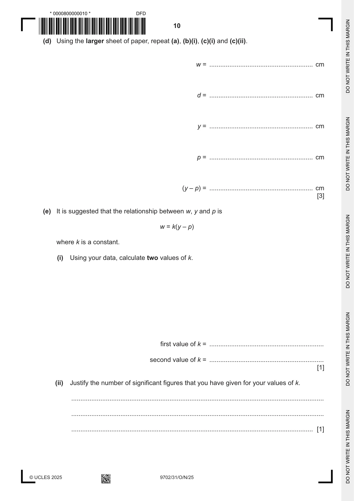 Cambridge A Level Physics 9702 2025 Oct/Nov Paper 3 · Variant 1 question paper, page 10 of 12