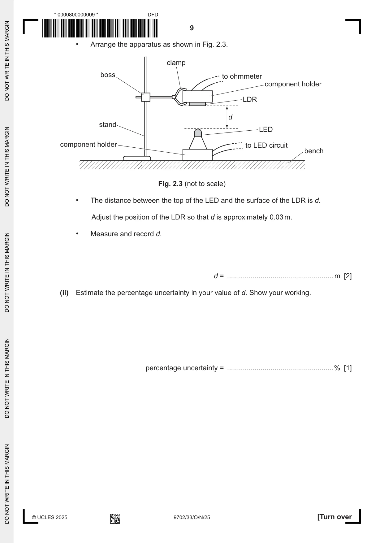 Cambridge A Level Physics 9702 2025 Oct/Nov Paper 3 · Variant 3 question paper, page 9 of 12