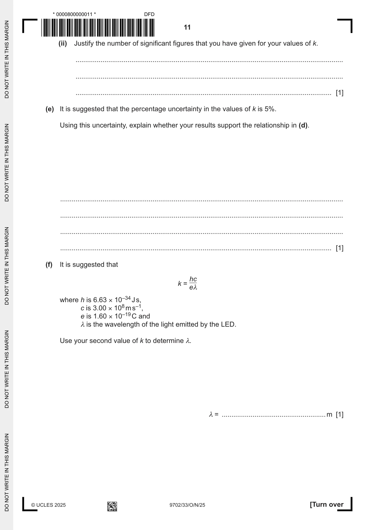 Cambridge A Level Physics 9702 2025 Oct/Nov Paper 3 · Variant 3 question paper, page 11 of 12