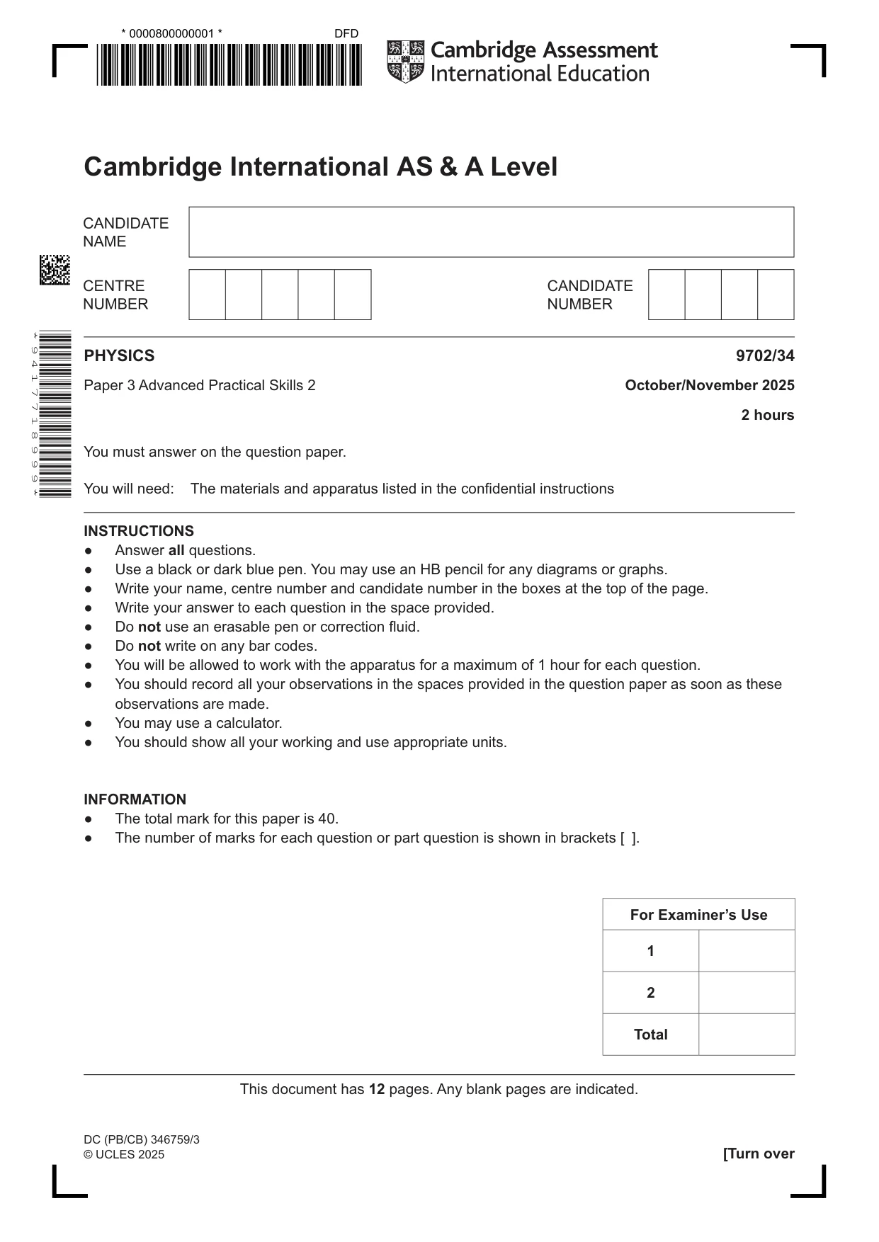 Cambridge A Level Physics 9702 2025 Oct/Nov Paper 3 · Variant 4 question paper, page 1 of 12