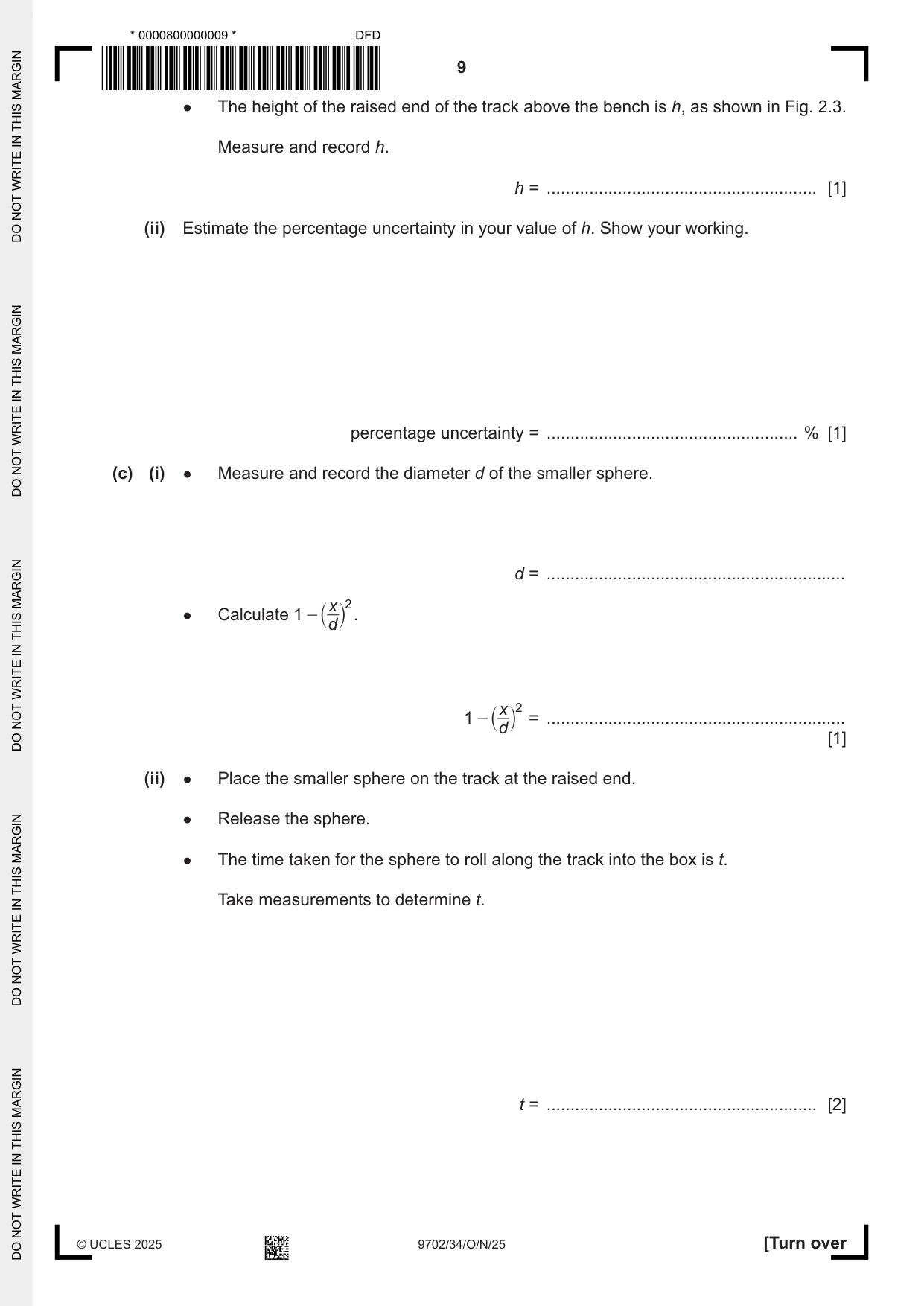 Cambridge A Level Physics 9702 2025 Oct/Nov Paper 3 · Variant 4 question paper, page 9 of 12