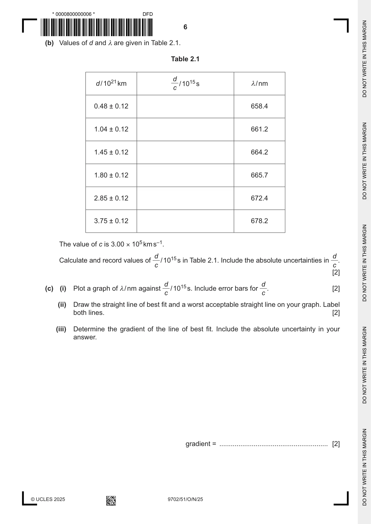 Cambridge A Level Physics 9702 2025 Oct/Nov Paper 5 · Variant 1 question paper, page 6 of 8