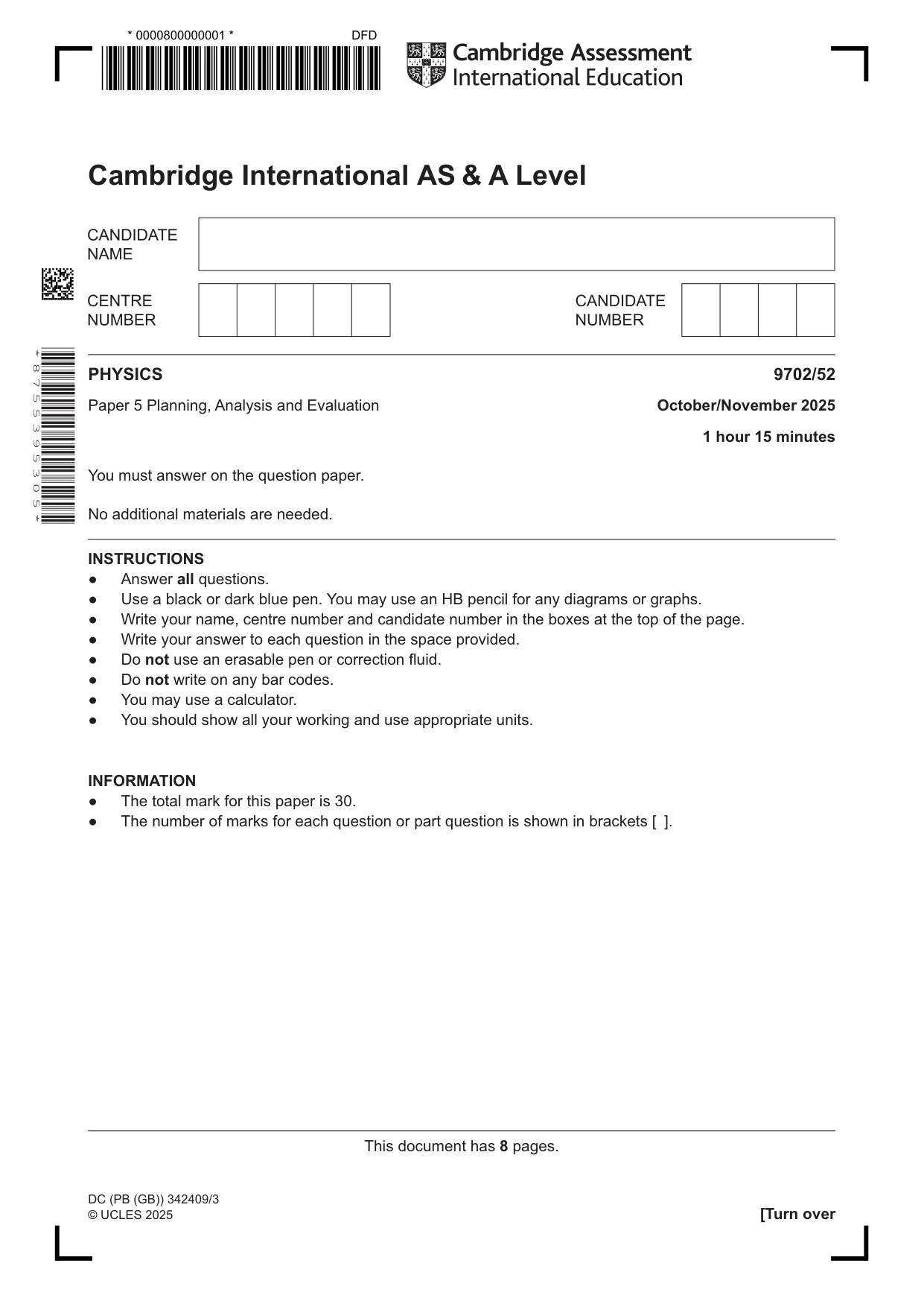 Cambridge A Level Physics 9702 2025 Oct/Nov Paper 5 · Variant 2 question paper, page 1 of 8