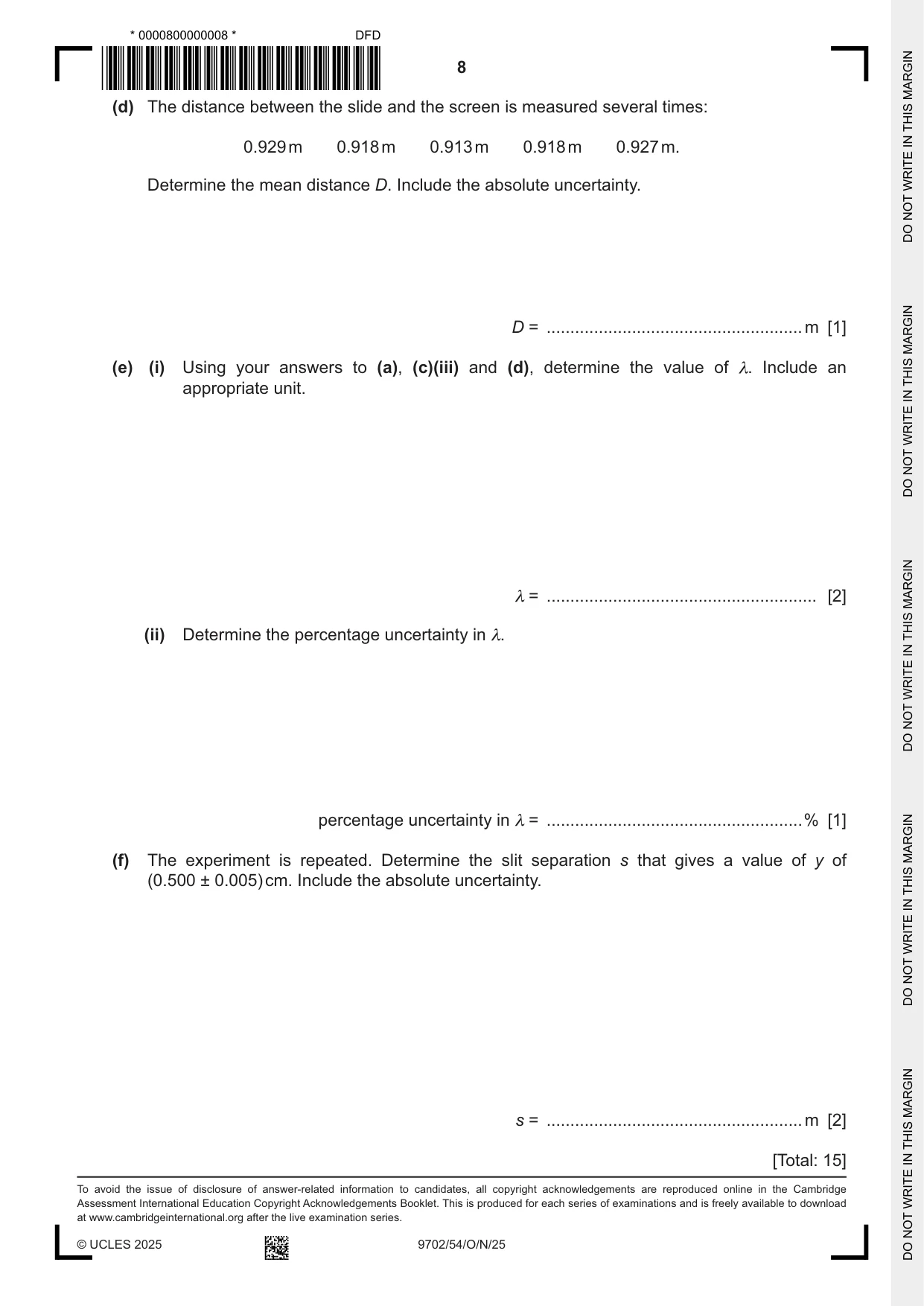 Cambridge A Level Physics 9702 2025 Oct/Nov Paper 5 · Variant 4 question paper, page 8 of 8