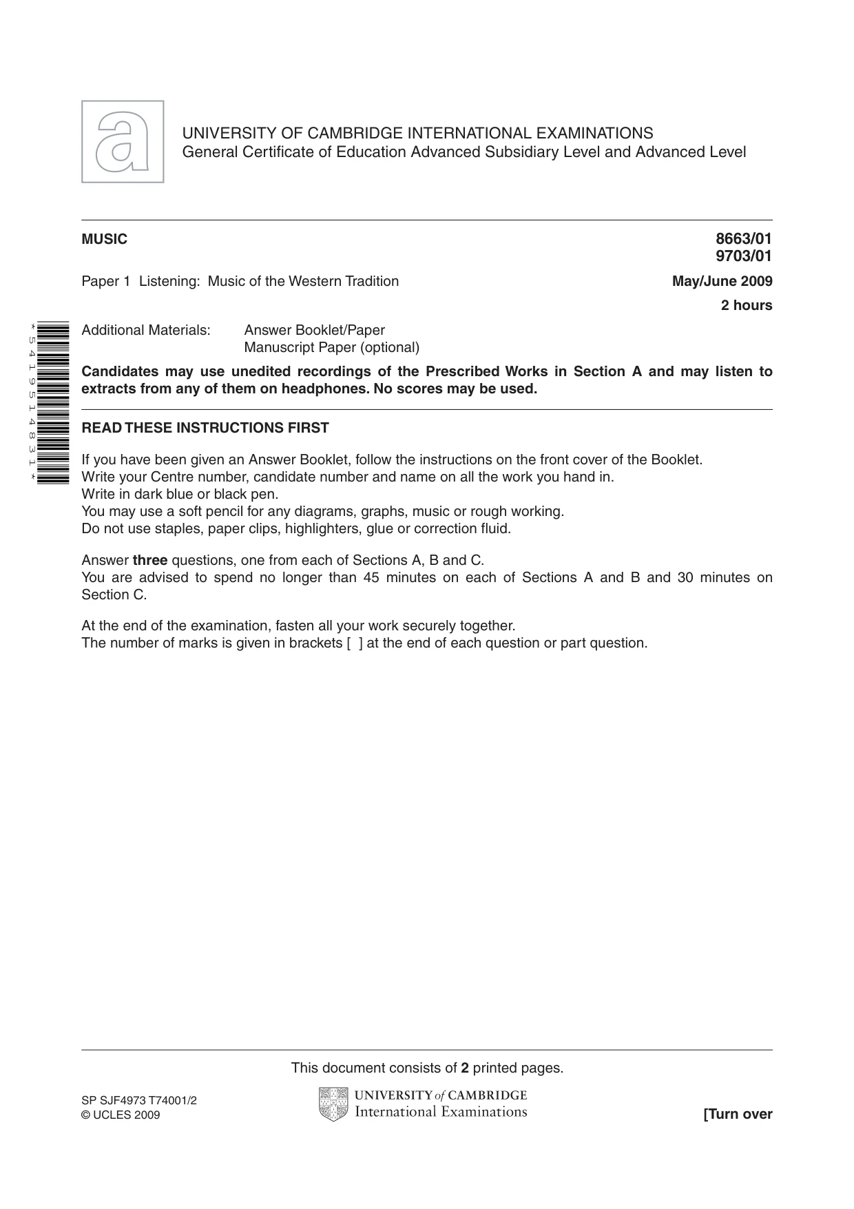 Cambridge A Level Music 9703 2009 May/June Paper 1 · Variant 1 question paper, page 1 of 2