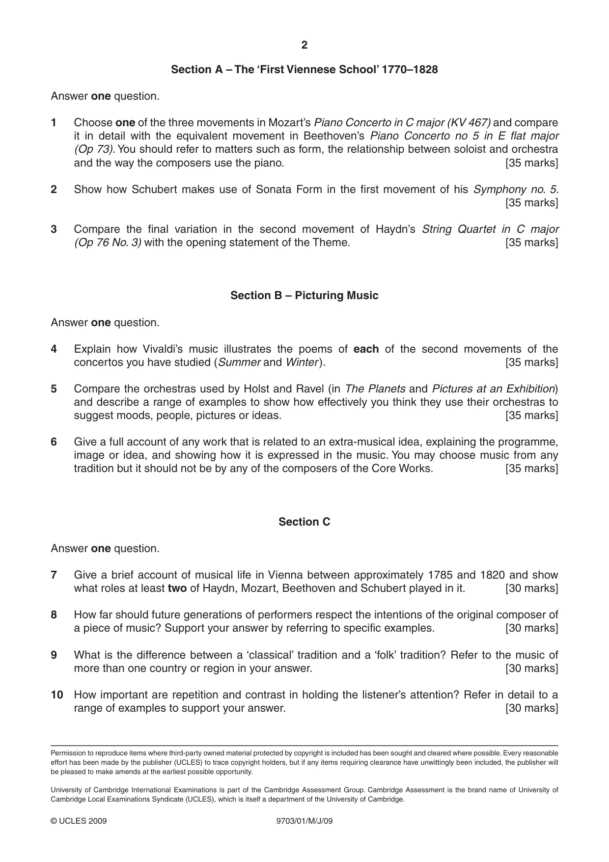 Cambridge A Level Music 9703 2009 May/June Paper 1 · Variant 1 question paper, page 2 of 2