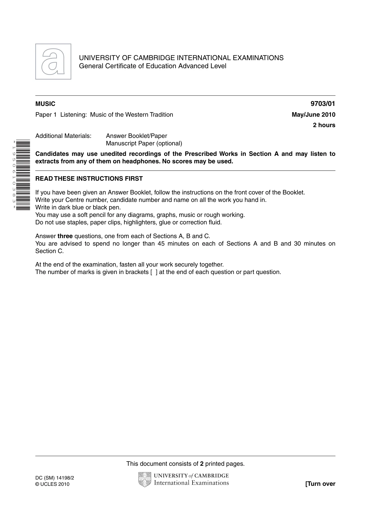 Cambridge A Level Music 9703 2010 May/June Paper 1 · Variant 1 question paper, page 1 of 2