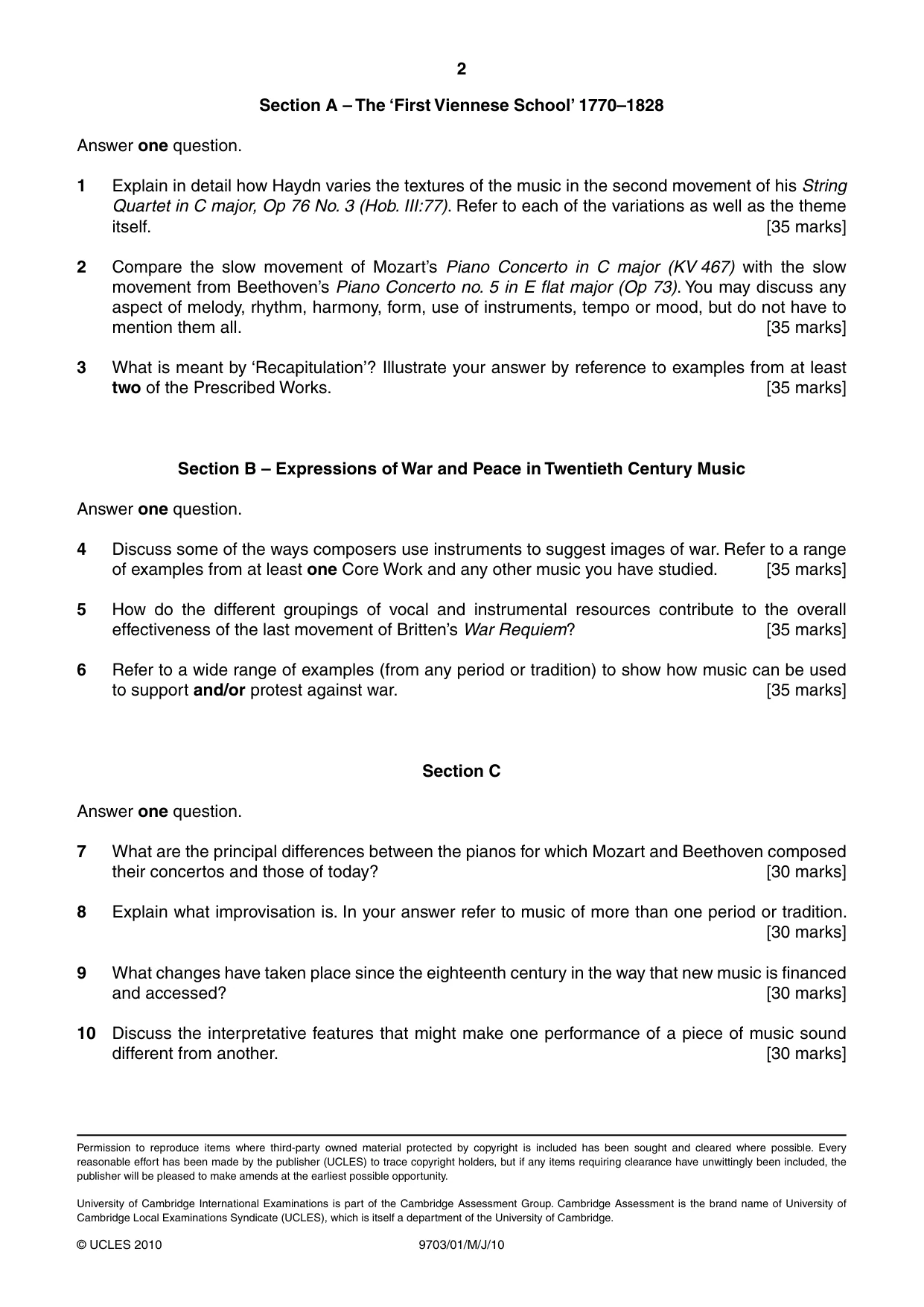 Cambridge A Level Music 9703 2010 May/June Paper 1 · Variant 1 question paper, page 2 of 2
