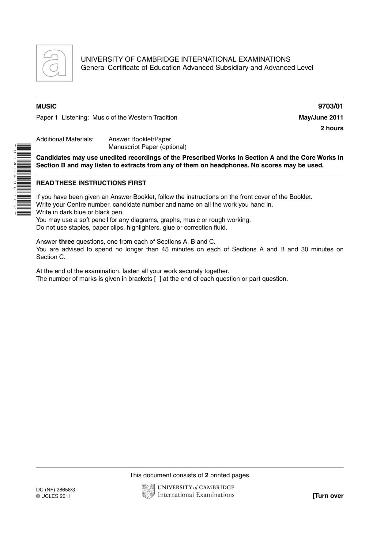 Cambridge A Level Music 9703 2011 May/June Paper 1 · Variant 1 question paper, page 1 of 2