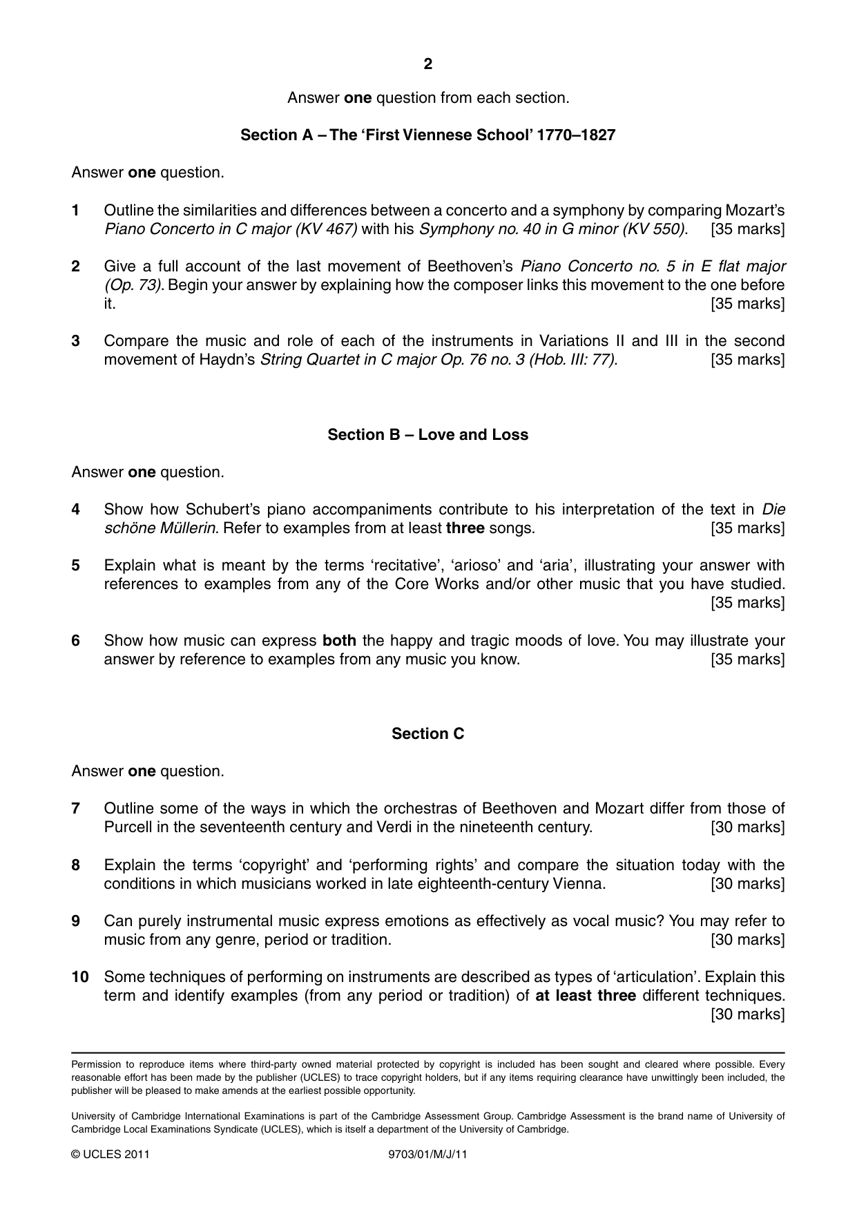 Cambridge A Level Music 9703 2011 May/June Paper 1 · Variant 1 question paper, page 2 of 2