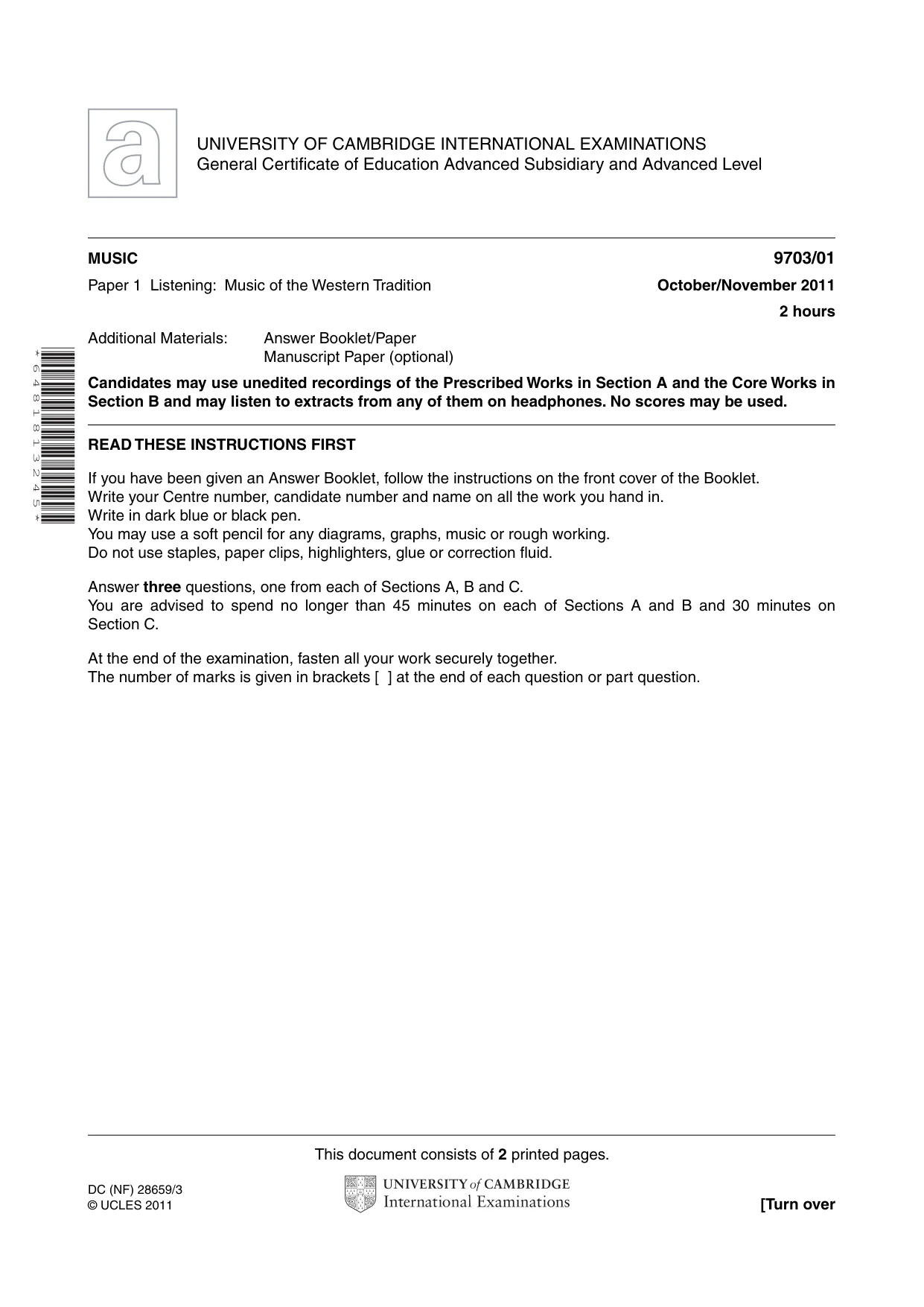 Cambridge A Level Music 9703 2011 Oct/Nov Paper 1 · Variant 1 question paper, page 1 of 2