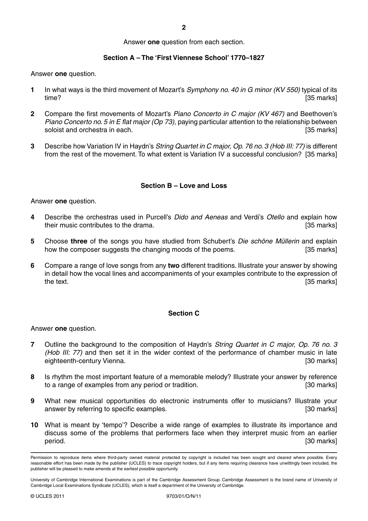 Cambridge A Level Music 9703 2011 Oct/Nov Paper 1 · Variant 1 question paper, page 2 of 2