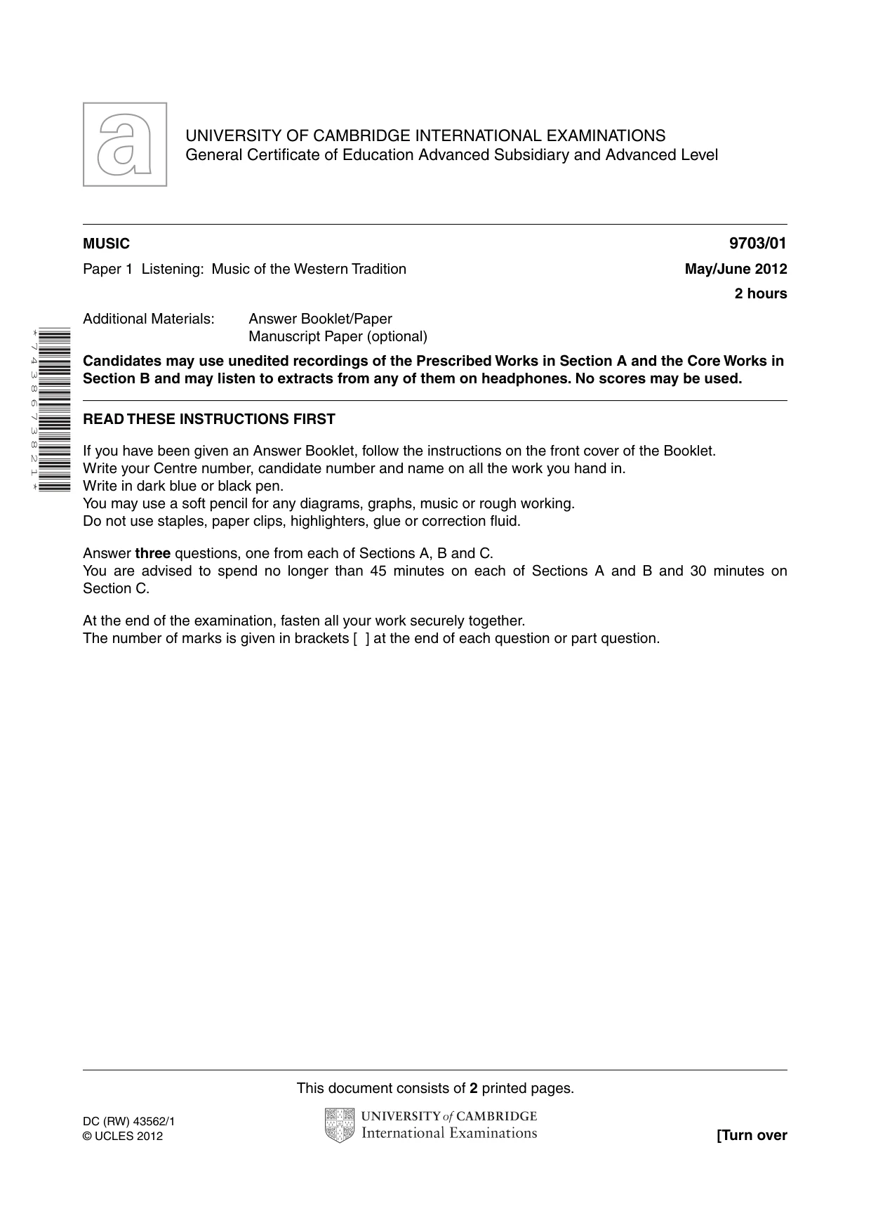 Cambridge A Level Music 9703 2012 May/June Paper 1 · Variant 1 question paper, page 1 of 2