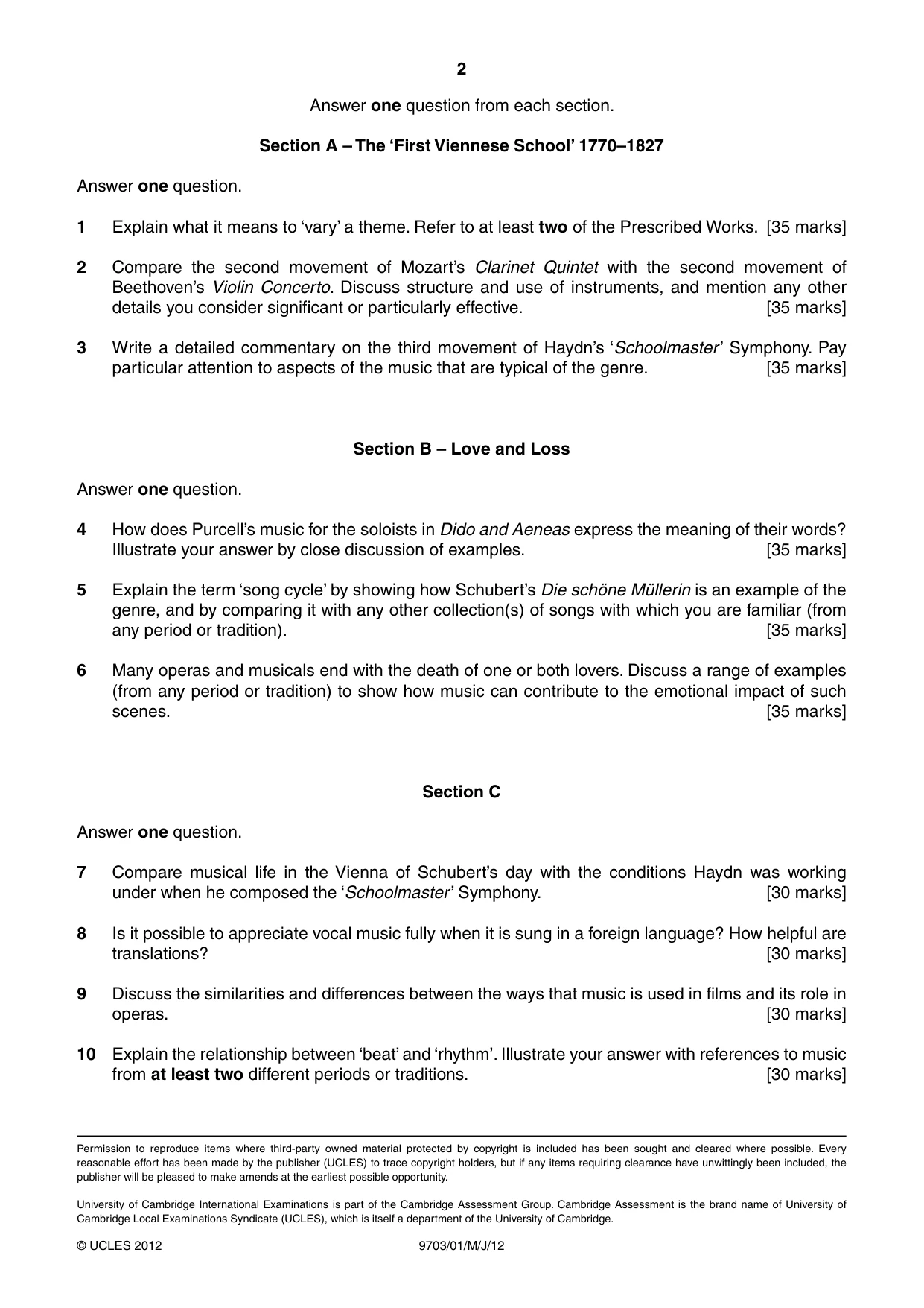 Cambridge A Level Music 9703 2012 May/June Paper 1 · Variant 1 question paper, page 2 of 2