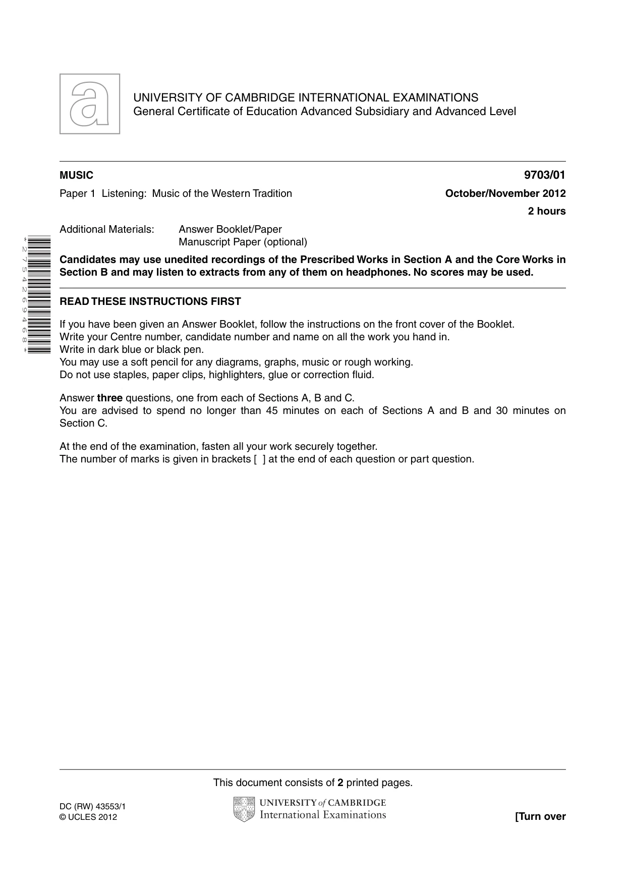 Cambridge A Level Music 9703 2012 Oct/Nov Paper 1 · Variant 1 question paper, page 1 of 2