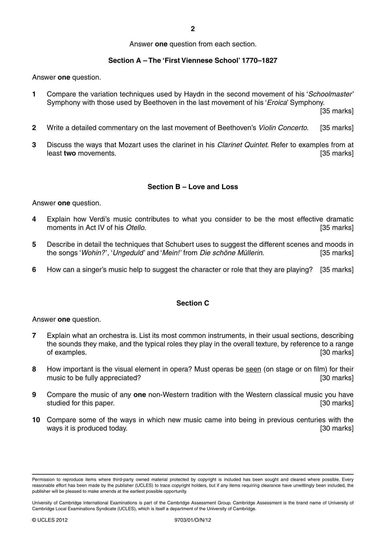 Cambridge A Level Music 9703 2012 Oct/Nov Paper 1 · Variant 1 question paper, page 2 of 2