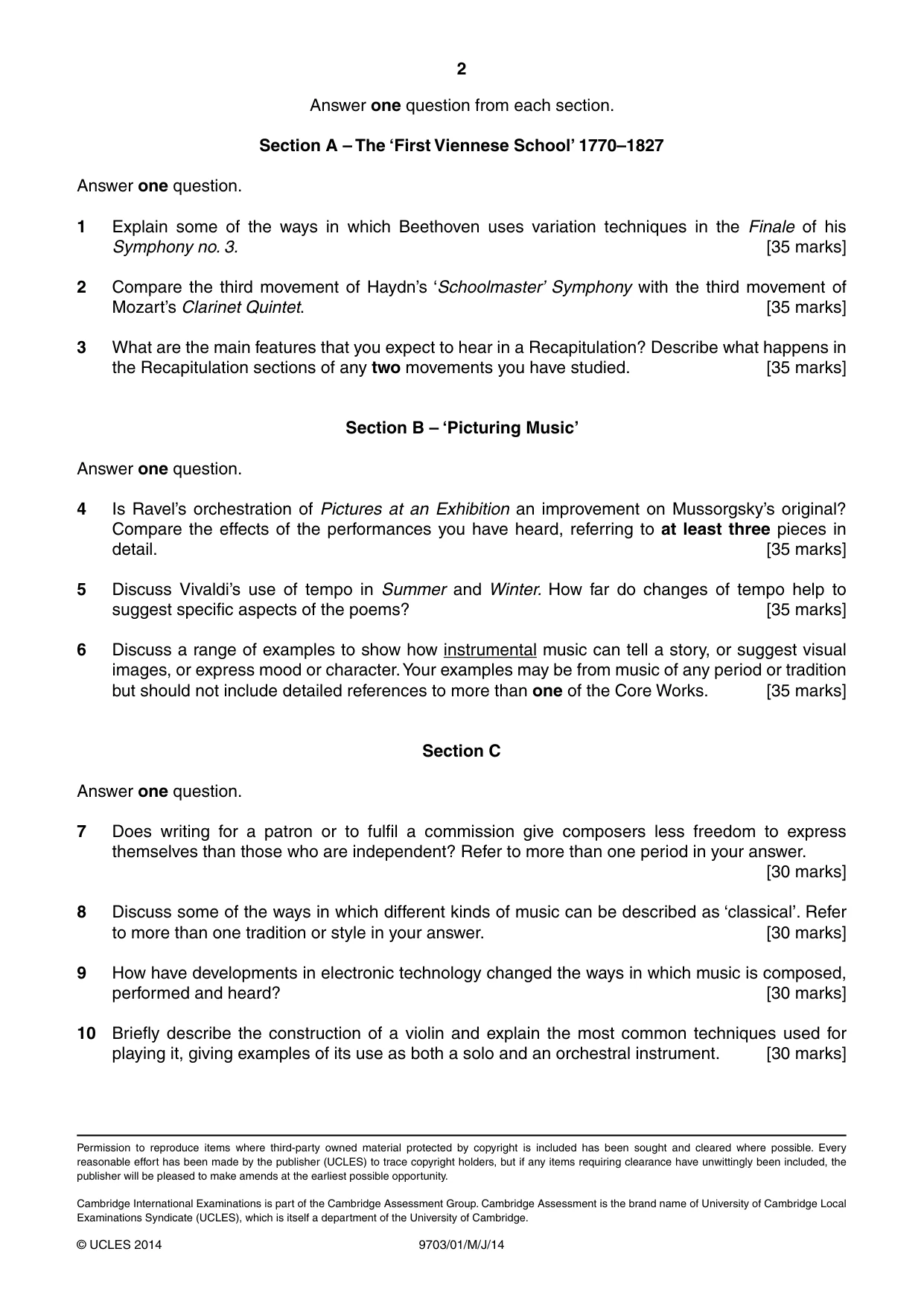 Cambridge A Level Music 9703 2014 May/June Paper 1 · Variant 1 question paper, page 2 of 2