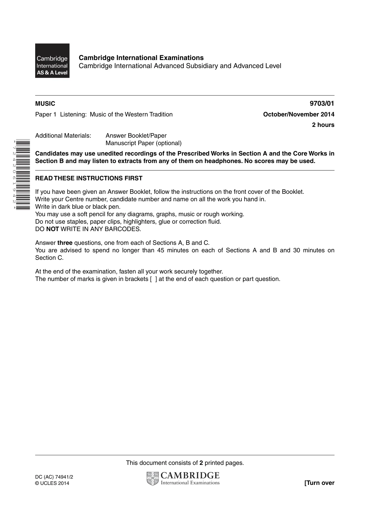 Cambridge A Level Music 9703 2014 Oct/Nov Paper 1 · Variant 1 question paper, page 1 of 2