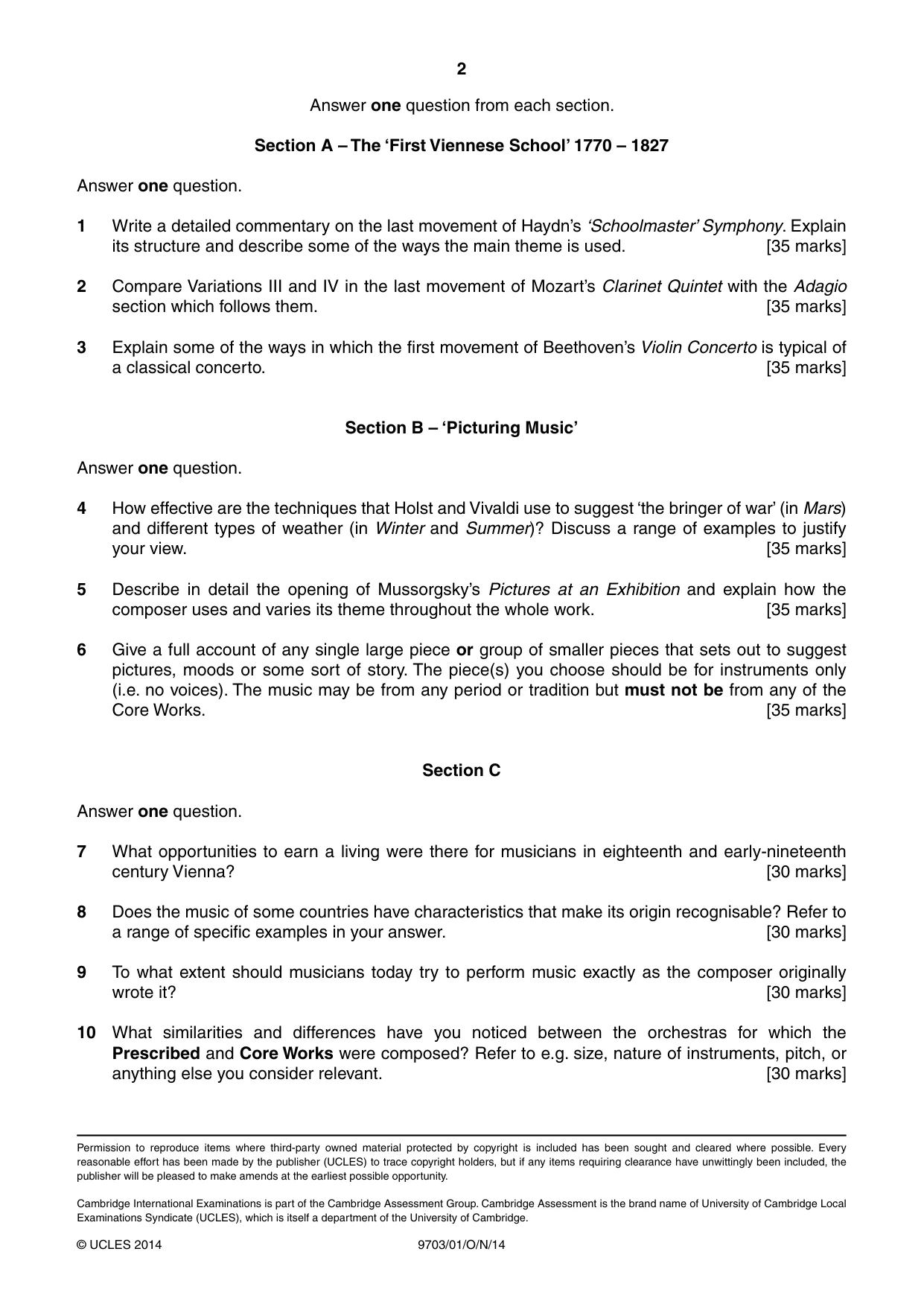 Cambridge A Level Music 9703 2014 Oct/Nov Paper 1 · Variant 1 question paper, page 2 of 2