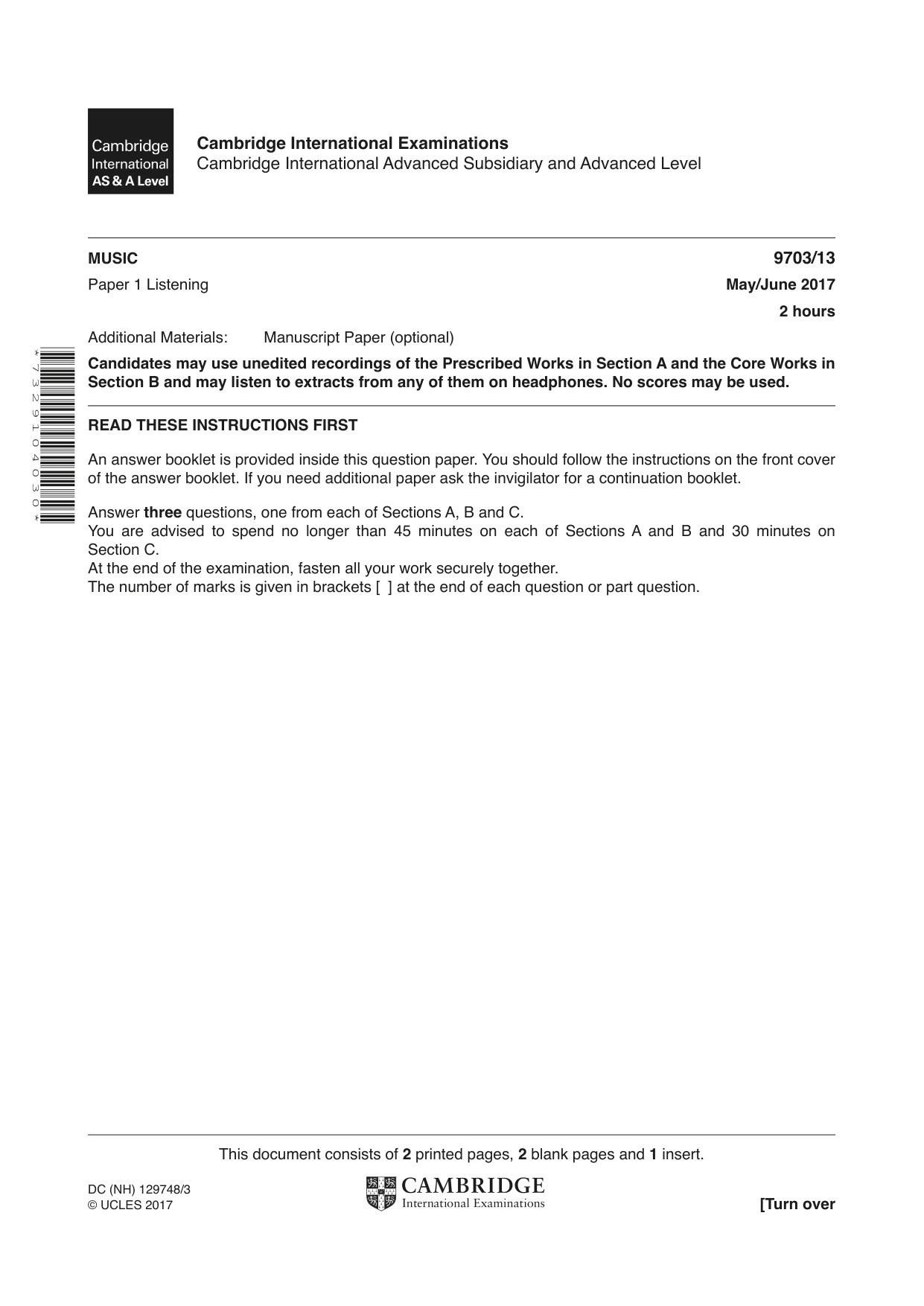 Cambridge A Level Music 9703 2017 May/June Paper 1 · Variant 3 question paper, page 1 of 4