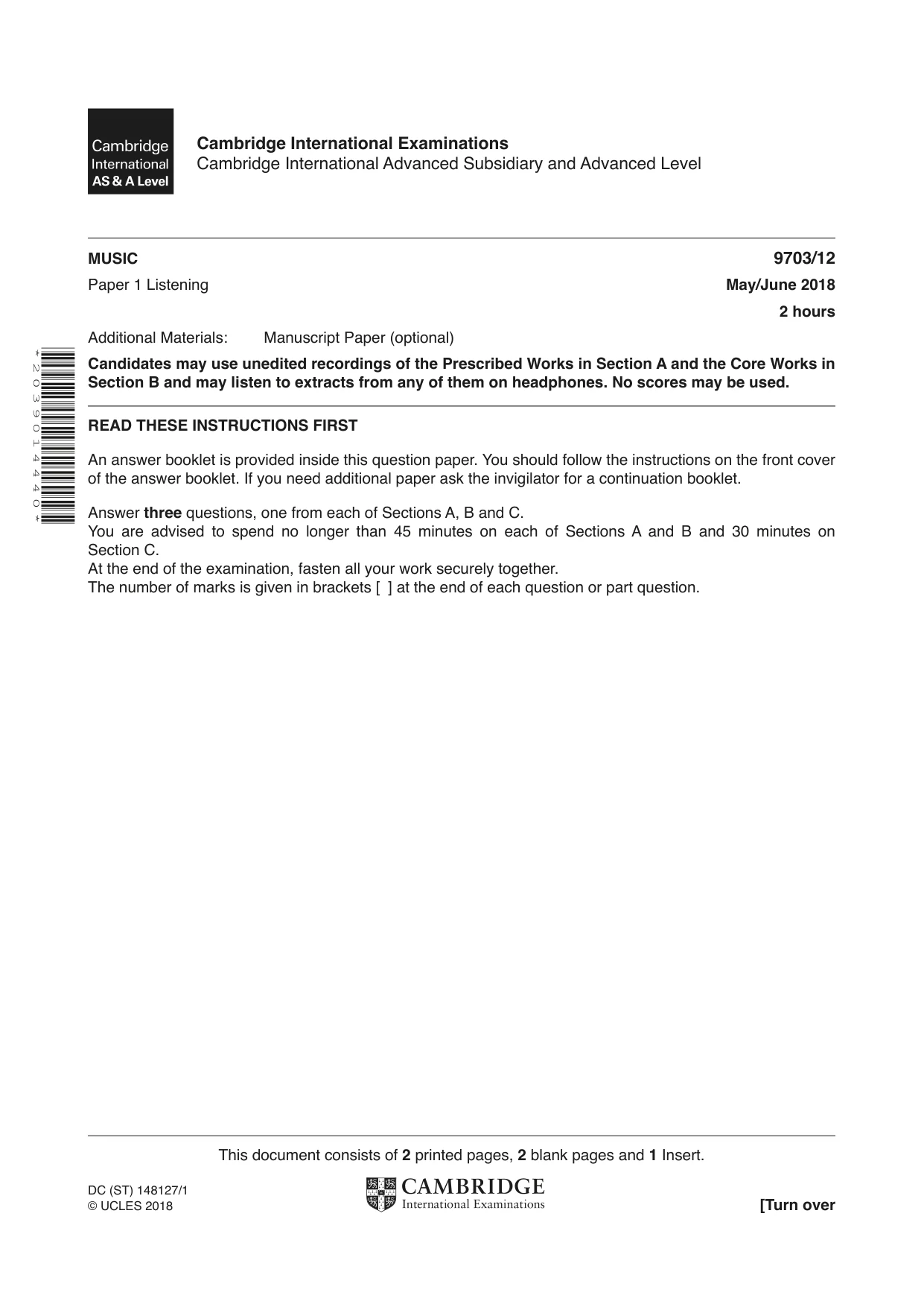 Cambridge A Level Music 9703 2018 May/June Paper 1 · Variant 2 question paper, page 1 of 4