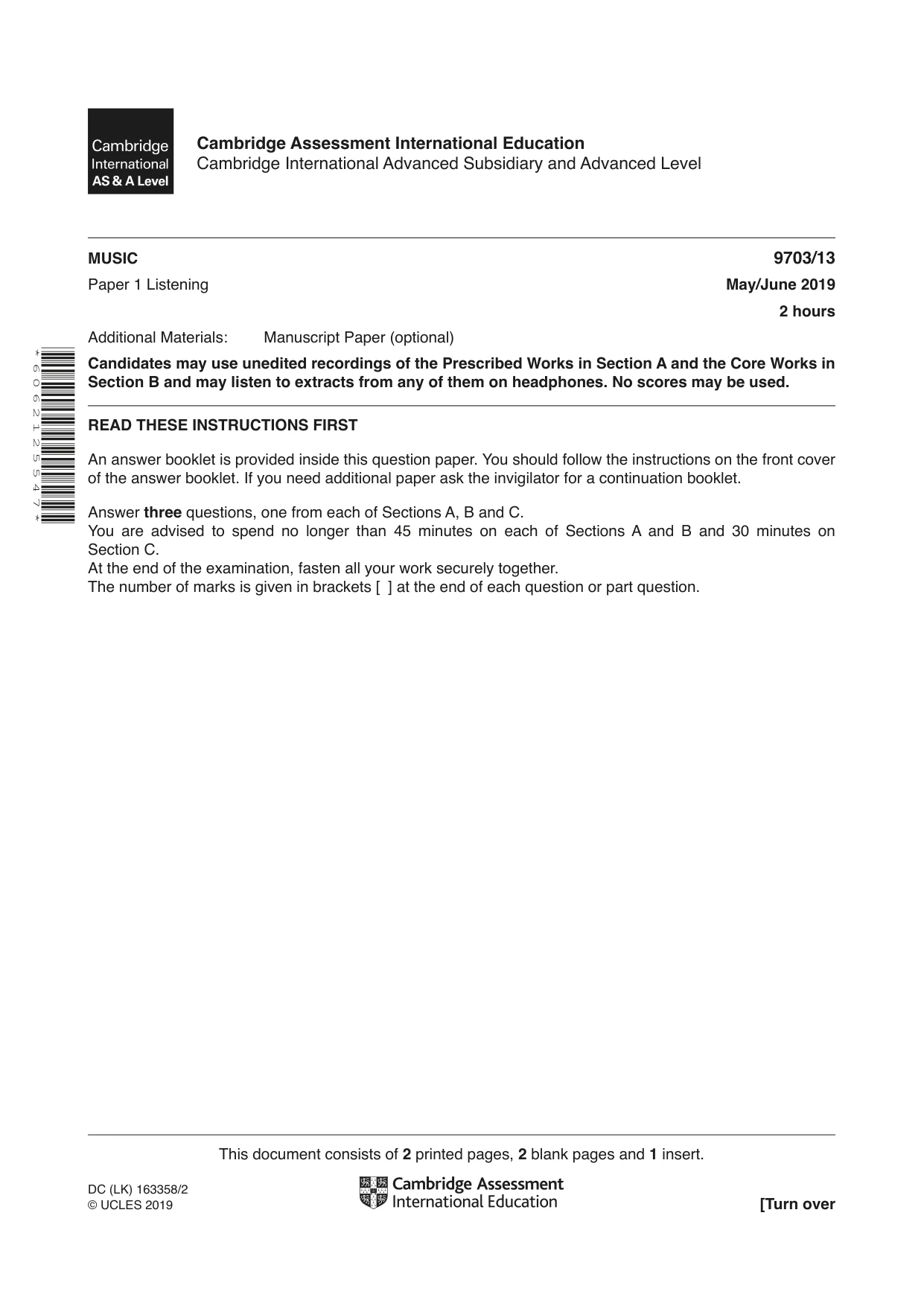 Cambridge A Level Music 9703 2019 May/June Paper 1 · Variant 3 question paper, page 1 of 4