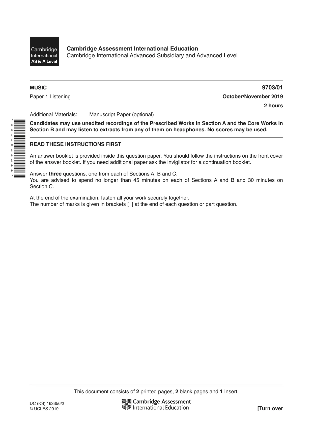 Cambridge A Level Music 9703 2019 Oct/Nov Paper 1 · Variant 1 question paper, page 1 of 4