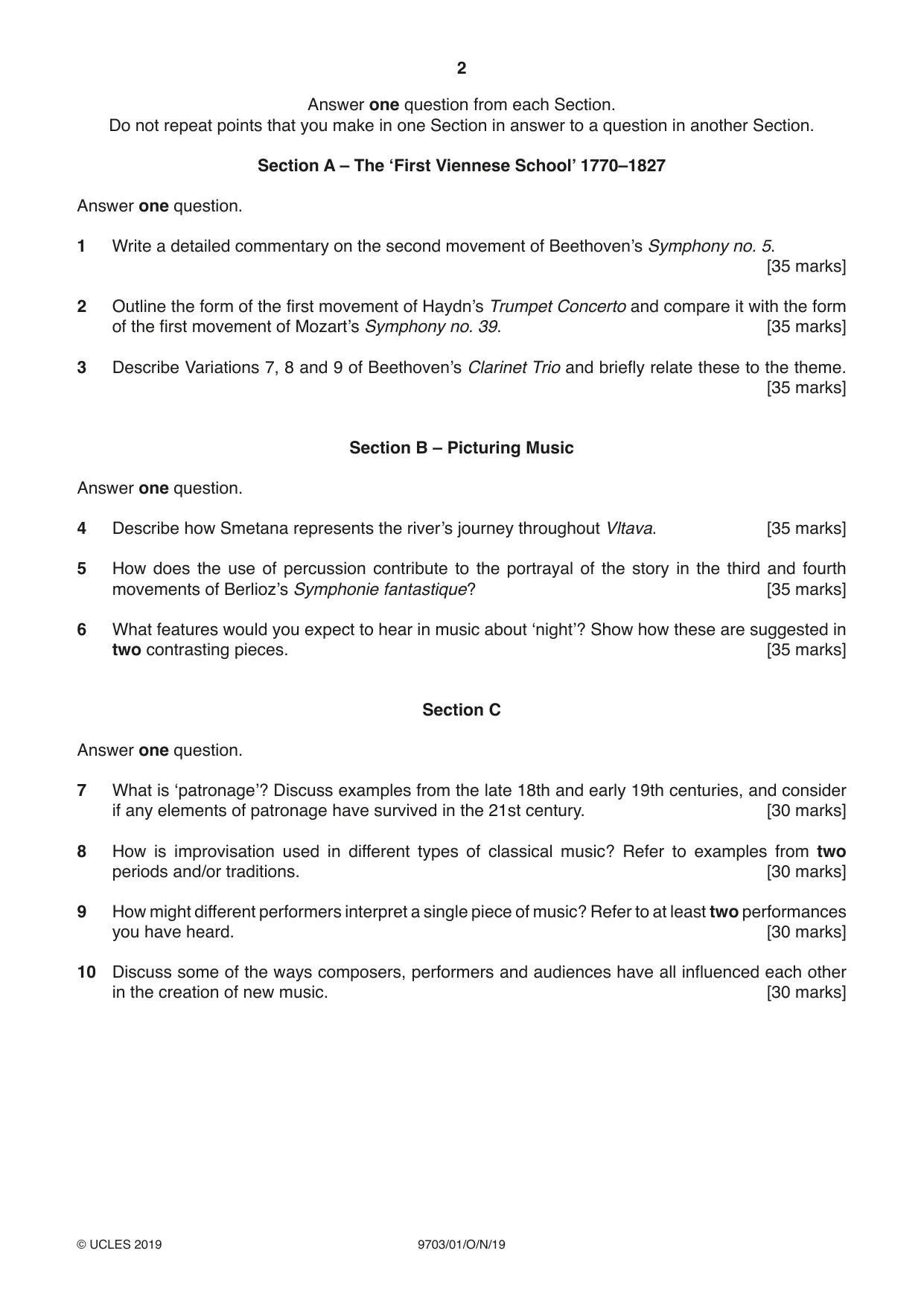 Cambridge A Level Music 9703 2019 Oct/Nov Paper 1 · Variant 1 question paper, page 2 of 4