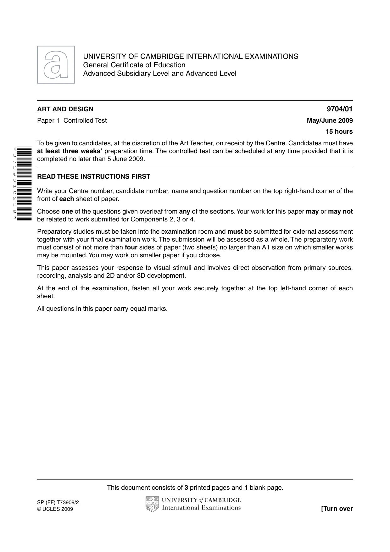 Cambridge A Level Art and Design 9704 2009 May/June Paper 1 · Variant 1 question paper, page 1 of 4