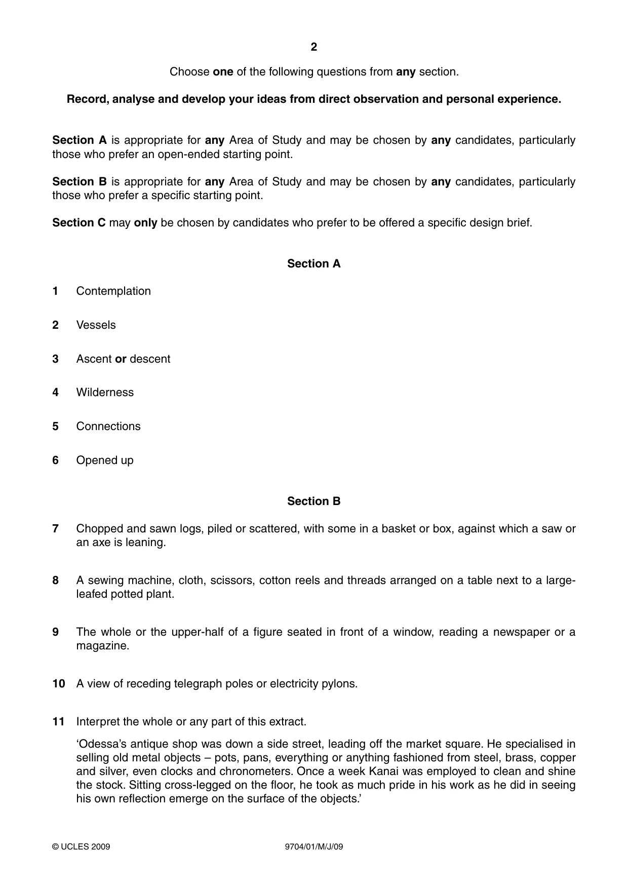 Cambridge A Level Art and Design 9704 2009 May/June Paper 1 · Variant 1 question paper, page 2 of 4
