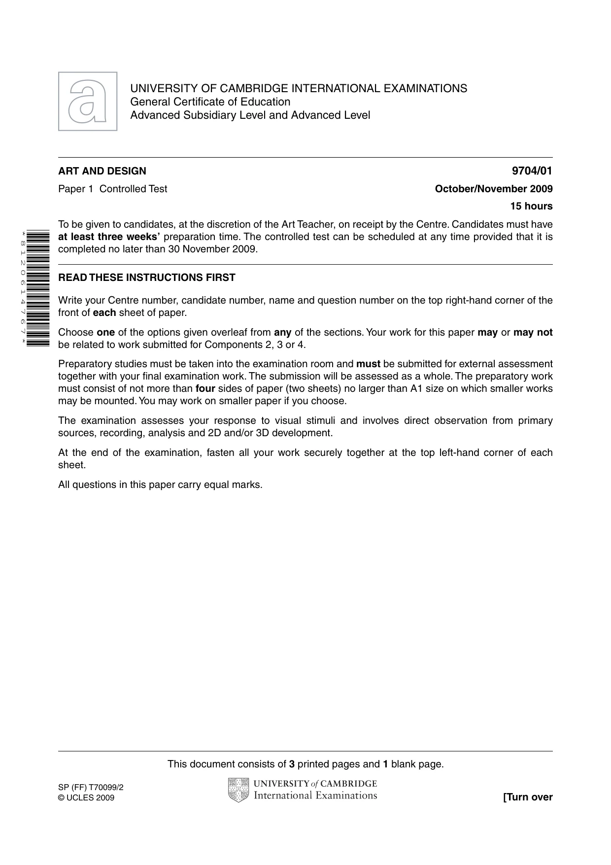 Cambridge A Level Art and Design 9704 2009 Oct/Nov Paper 1 · Variant 1 question paper, page 1 of 4