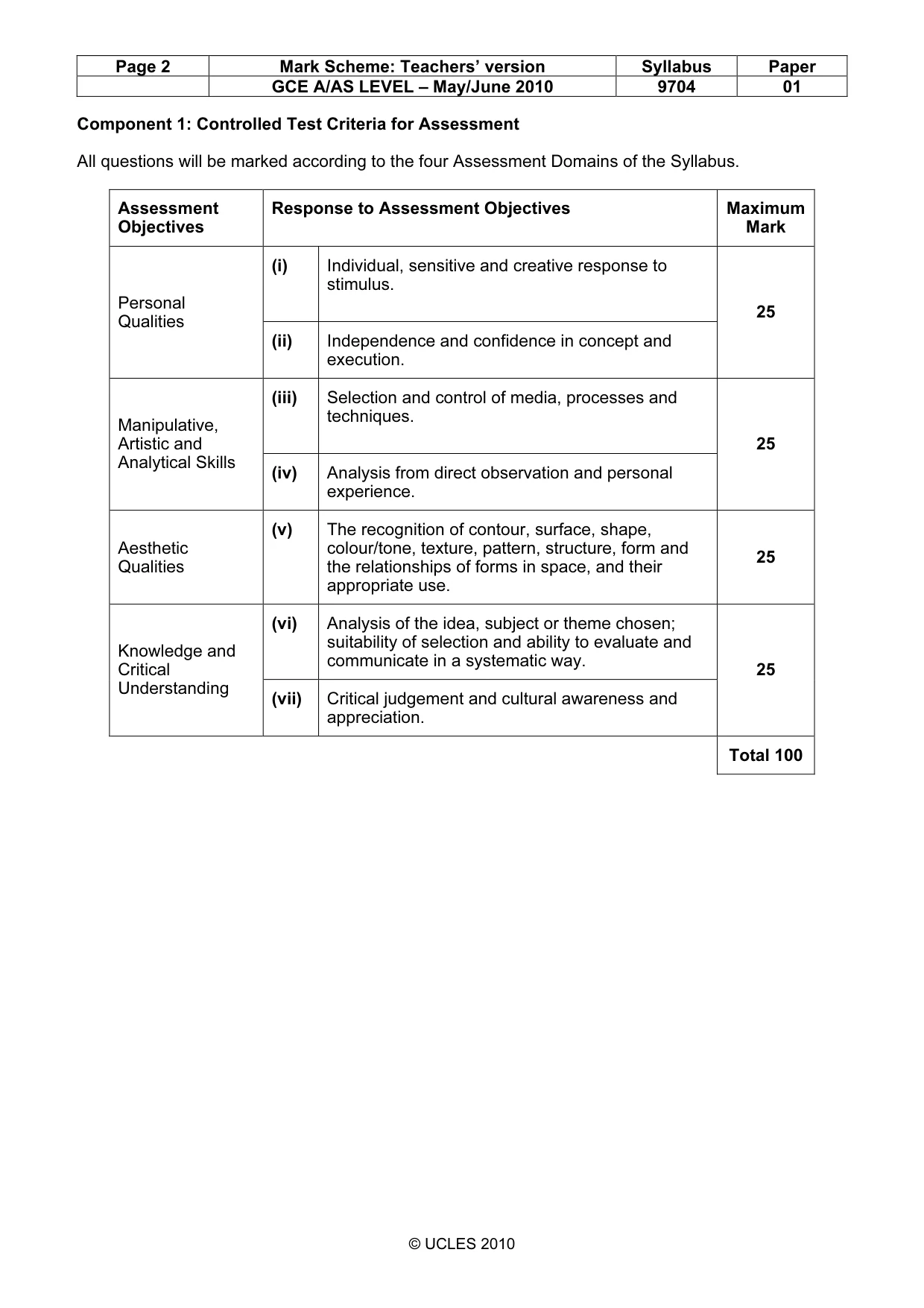 Mark scheme, page 2 of 2