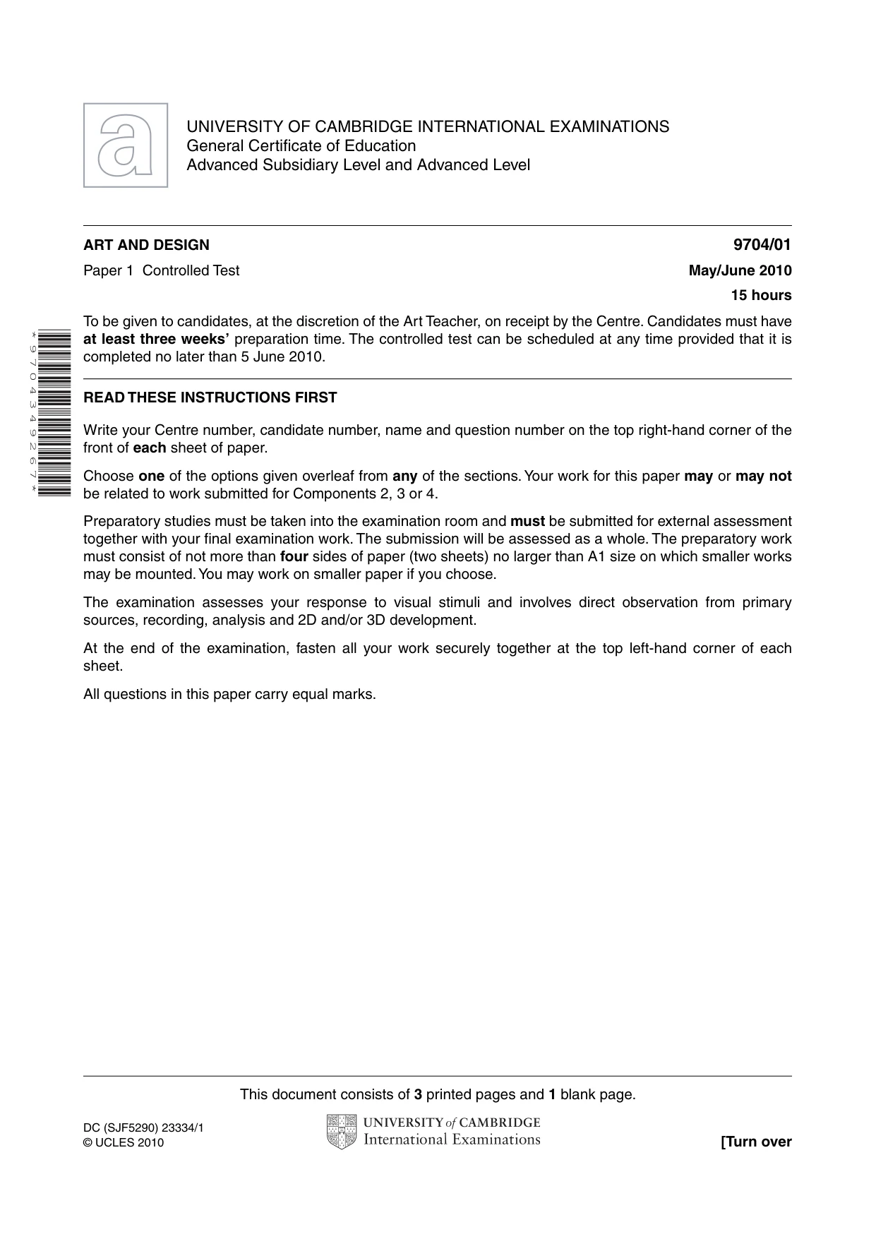 Cambridge A Level Art and Design 9704 2010 May/June Paper 1 · Variant 1 question paper, page 1 of 4