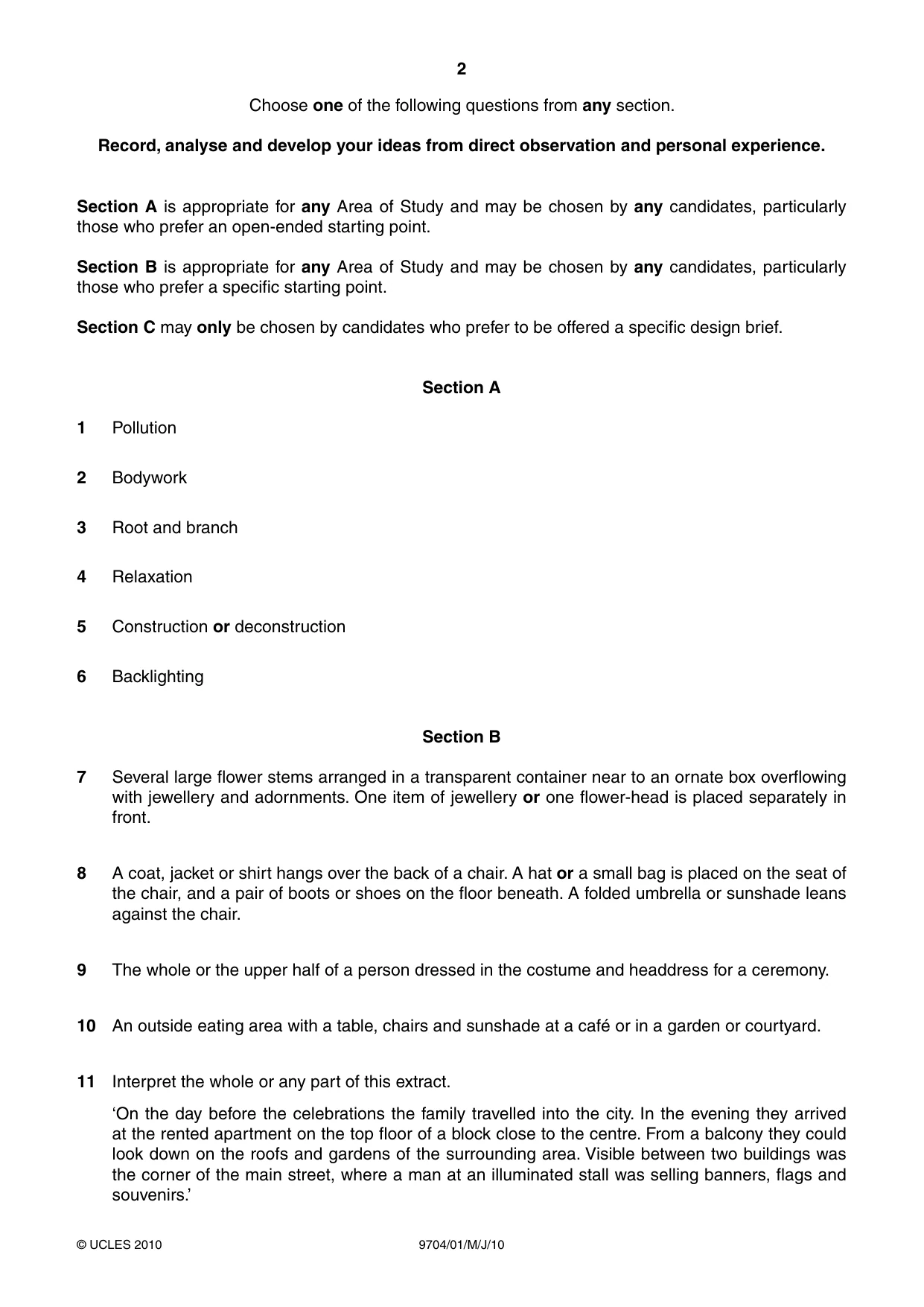 Cambridge A Level Art and Design 9704 2010 May/June Paper 1 · Variant 1 question paper, page 2 of 4