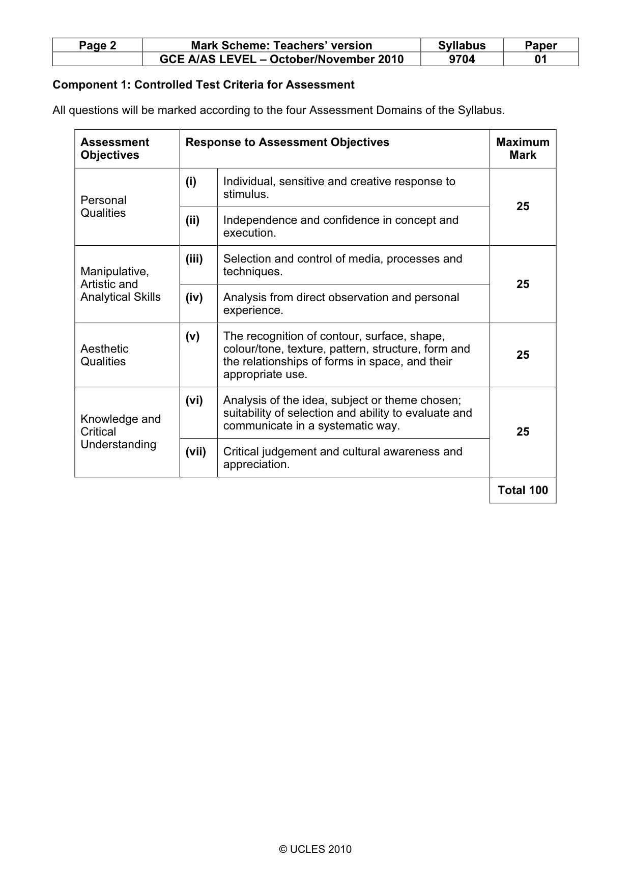 Mark scheme, page 2 of 2