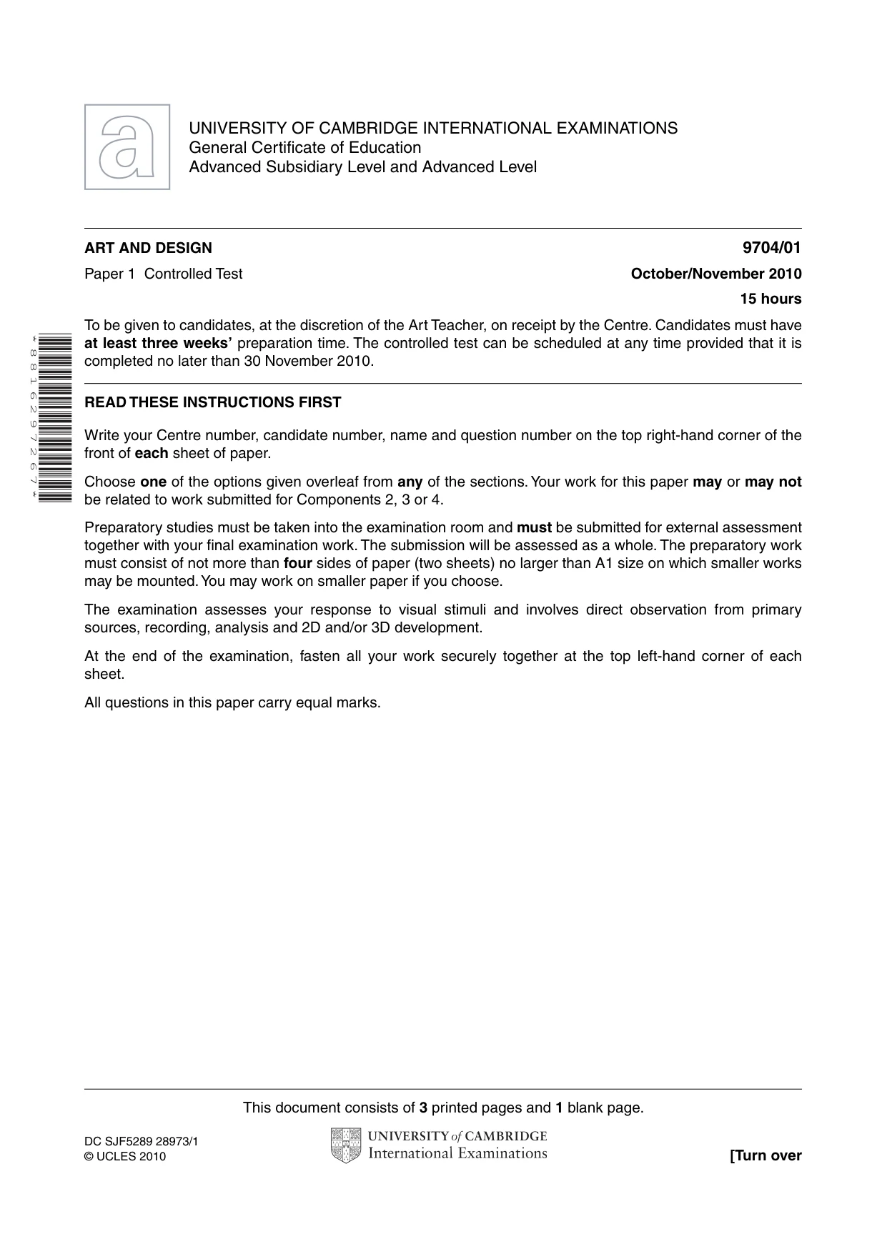 Cambridge A Level Art and Design 9704 2010 Oct/Nov Paper 1 · Variant 1 question paper, page 1 of 4