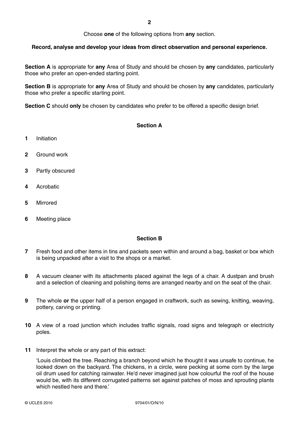 Cambridge A Level Art and Design 9704 2010 Oct/Nov Paper 1 · Variant 1 question paper, page 2 of 4