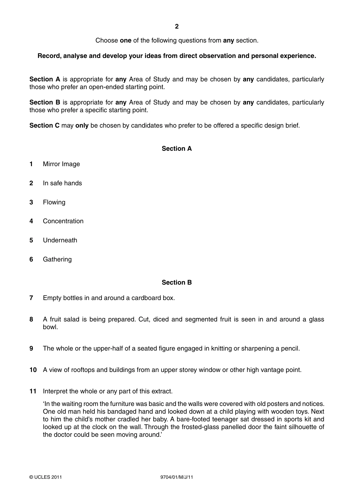 Cambridge A Level Art and Design 9704 2011 May/June Paper 1 · Variant 1 question paper, page 2 of 4