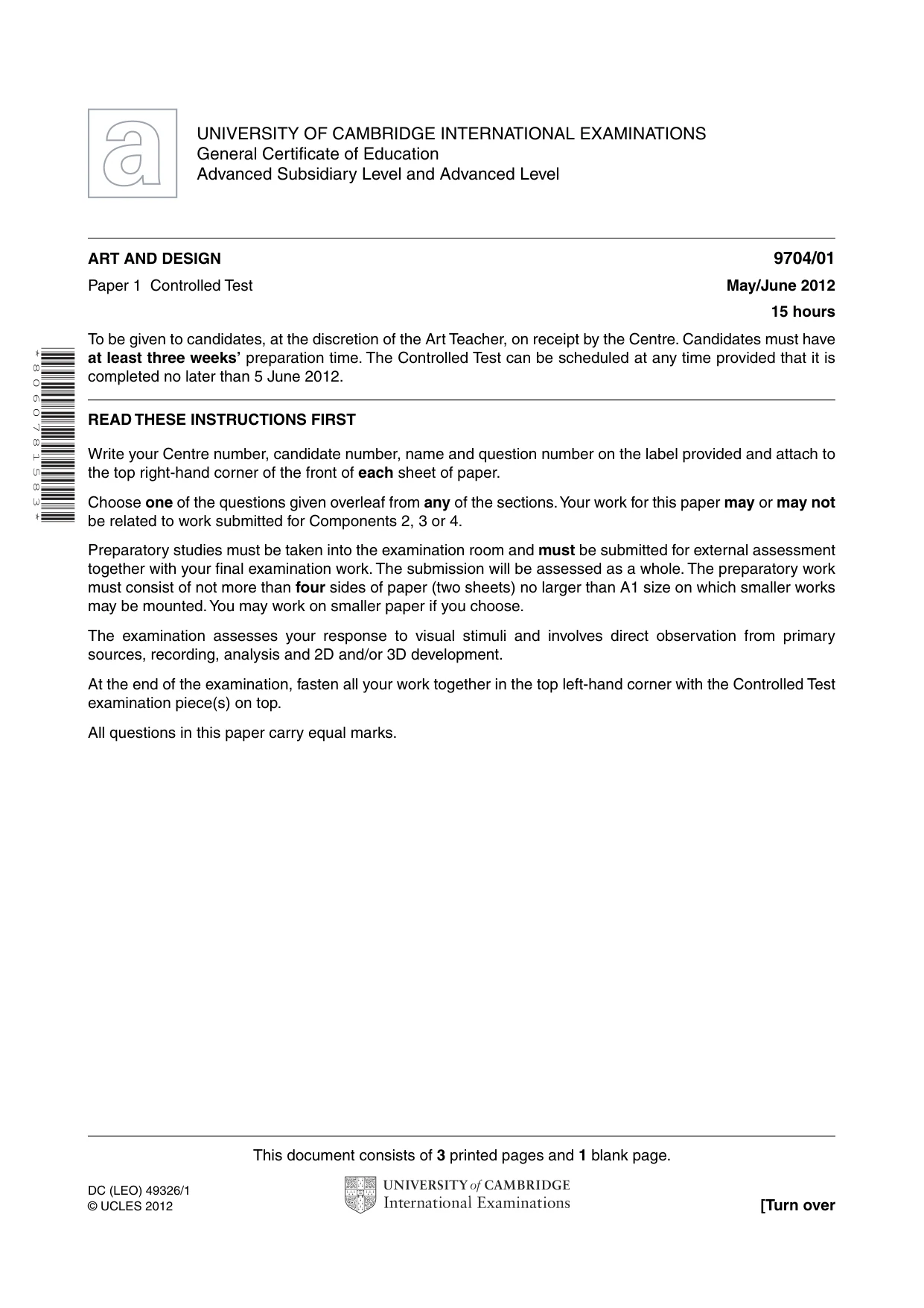 Cambridge A Level Art and Design 9704 2012 May/June Paper 1 · Variant 1 question paper, page 1 of 4