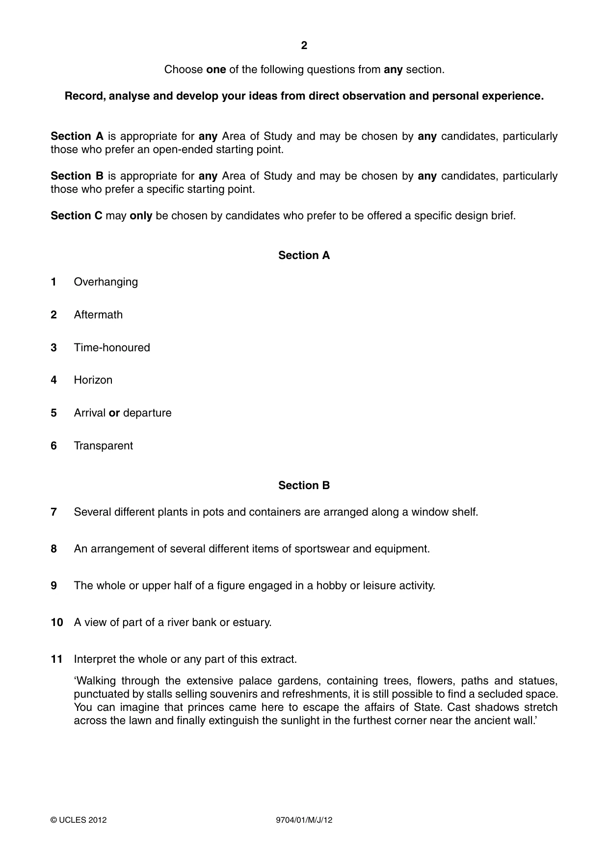Cambridge A Level Art and Design 9704 2012 May/June Paper 1 · Variant 1 question paper, page 2 of 4